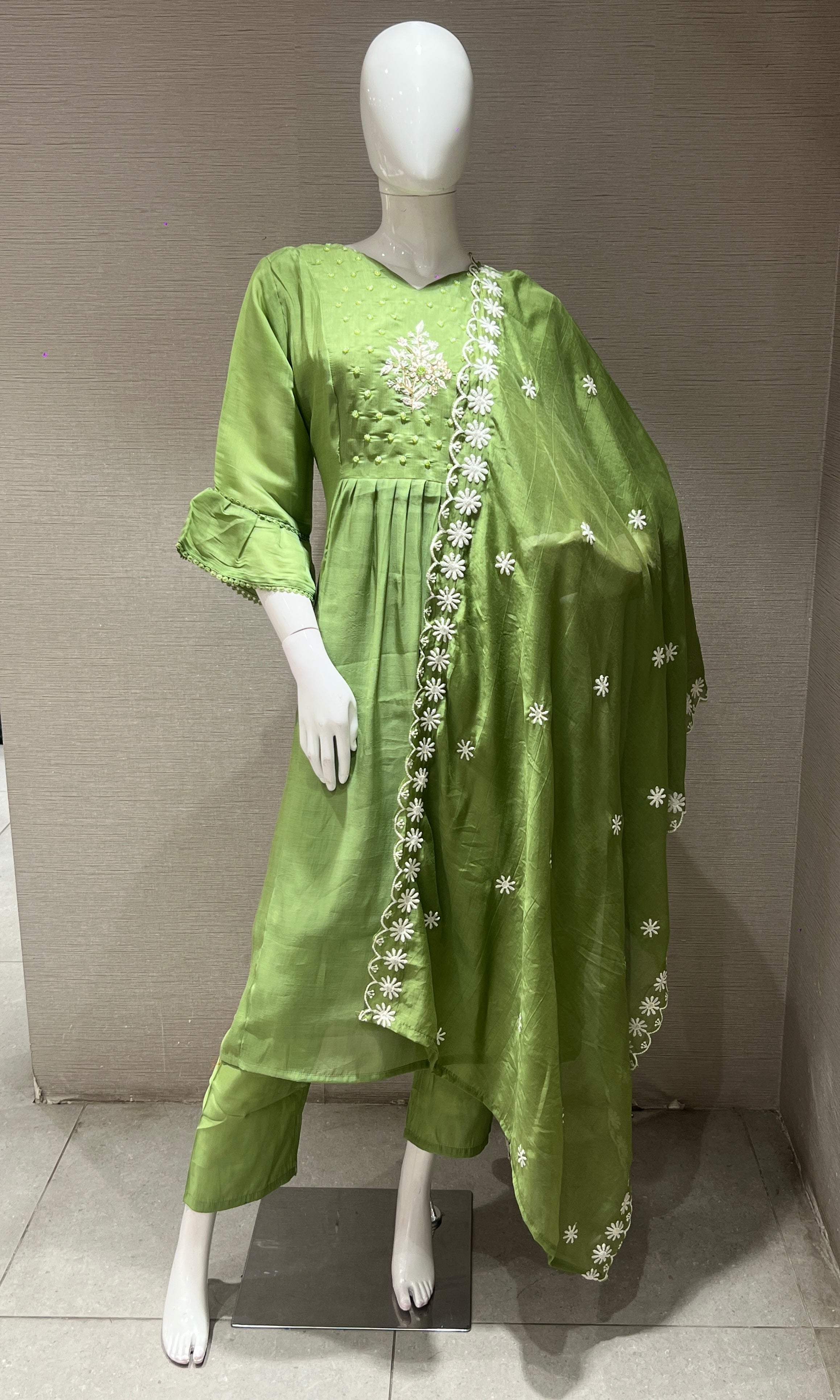 Pista green floral embroidered kurta set