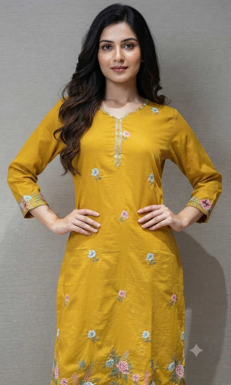 Yellow Floral Embroidered Kurta set with Dupatta
