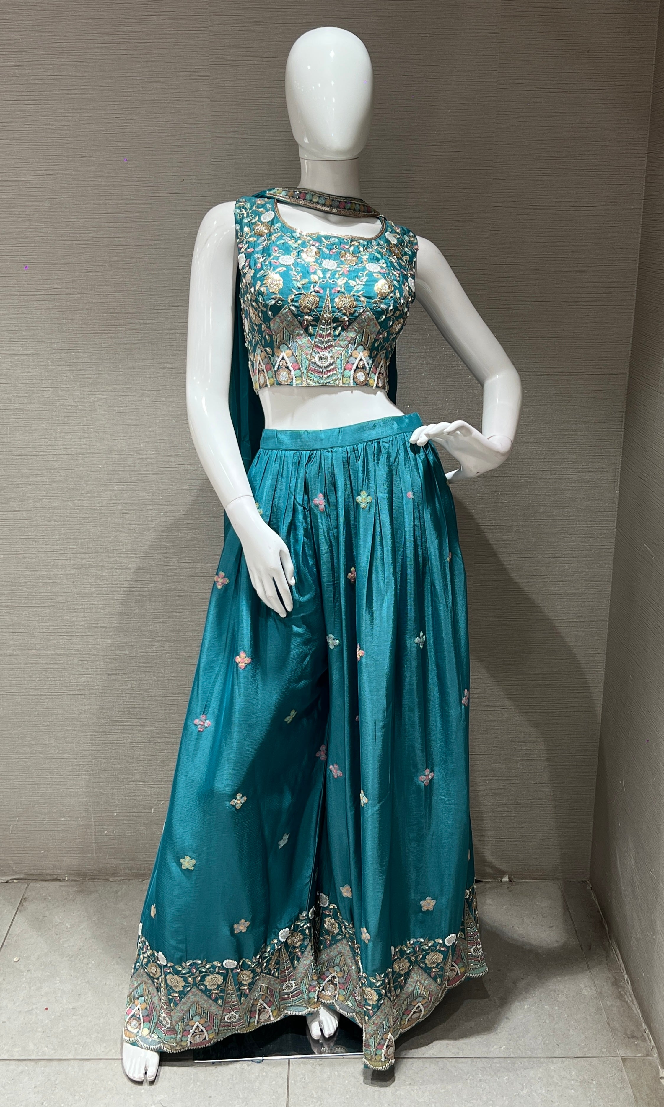Sea Green Embroidered Crop Top Palazzo Set