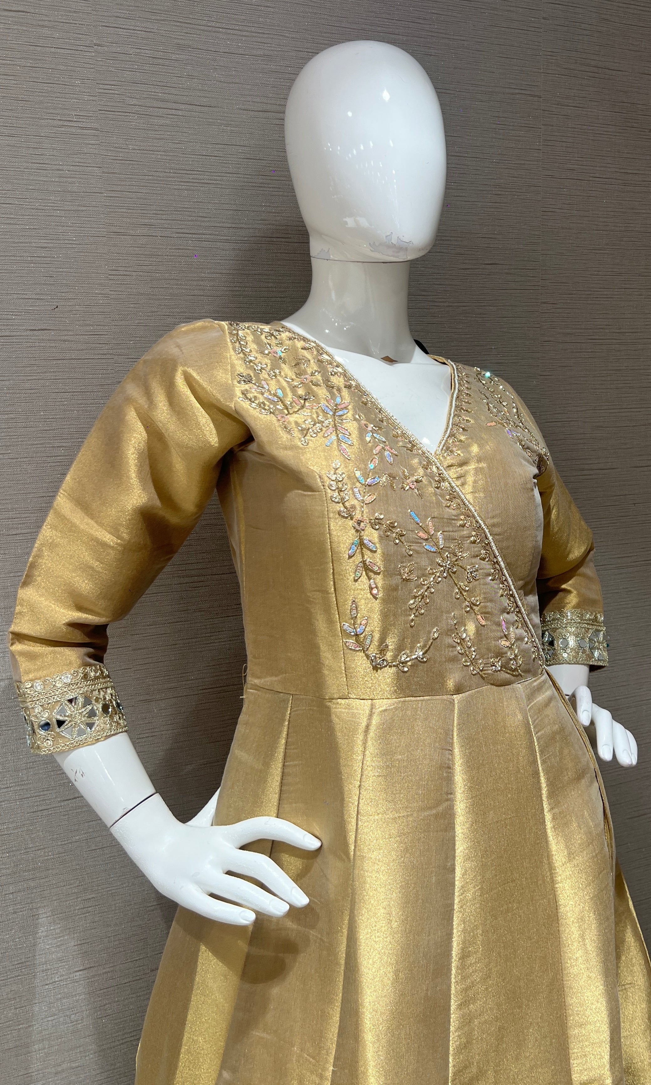 Gold Embroidered Silk Anarkali Gown with Matching Dupatta