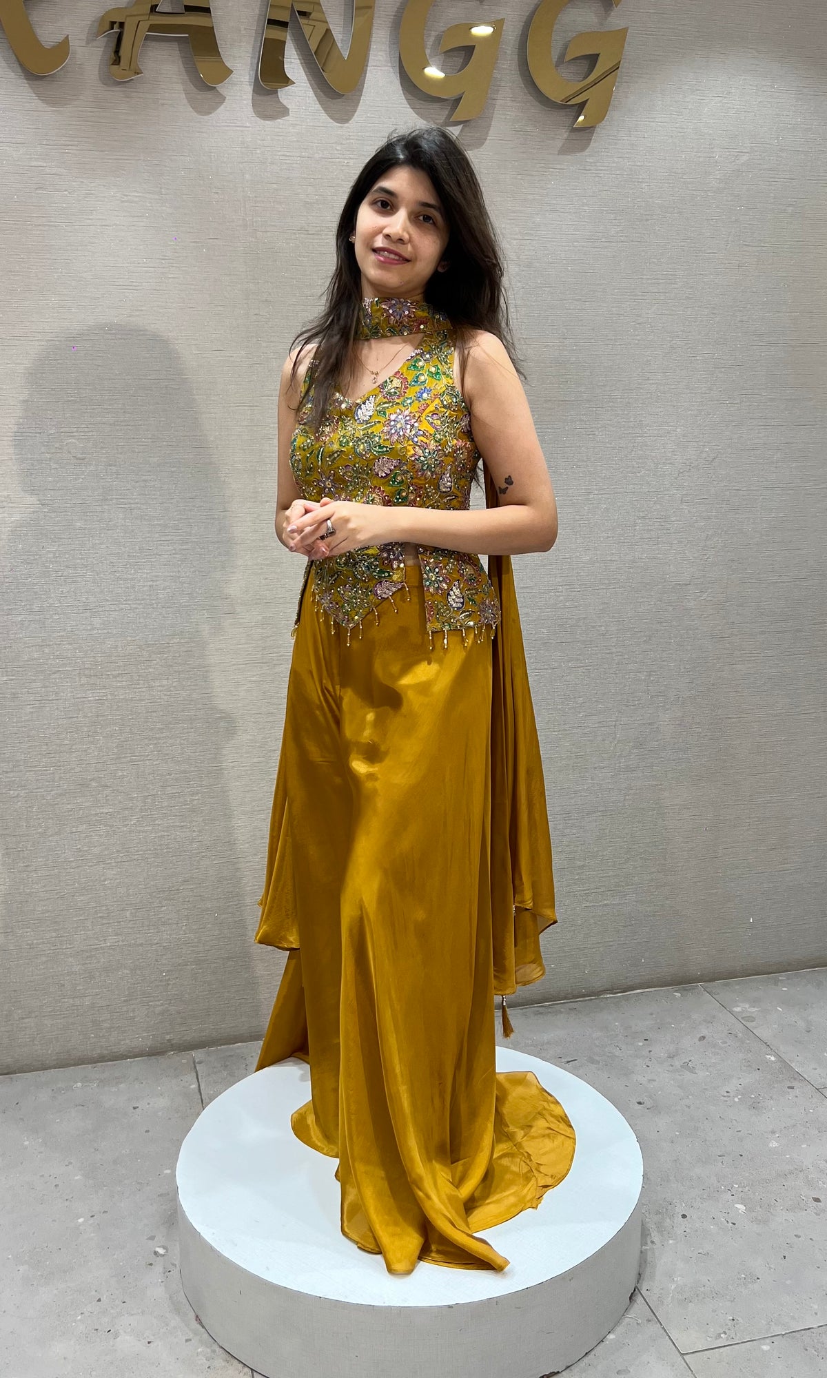 Mustard Gold Satin silk Embroidered Palazzo Set