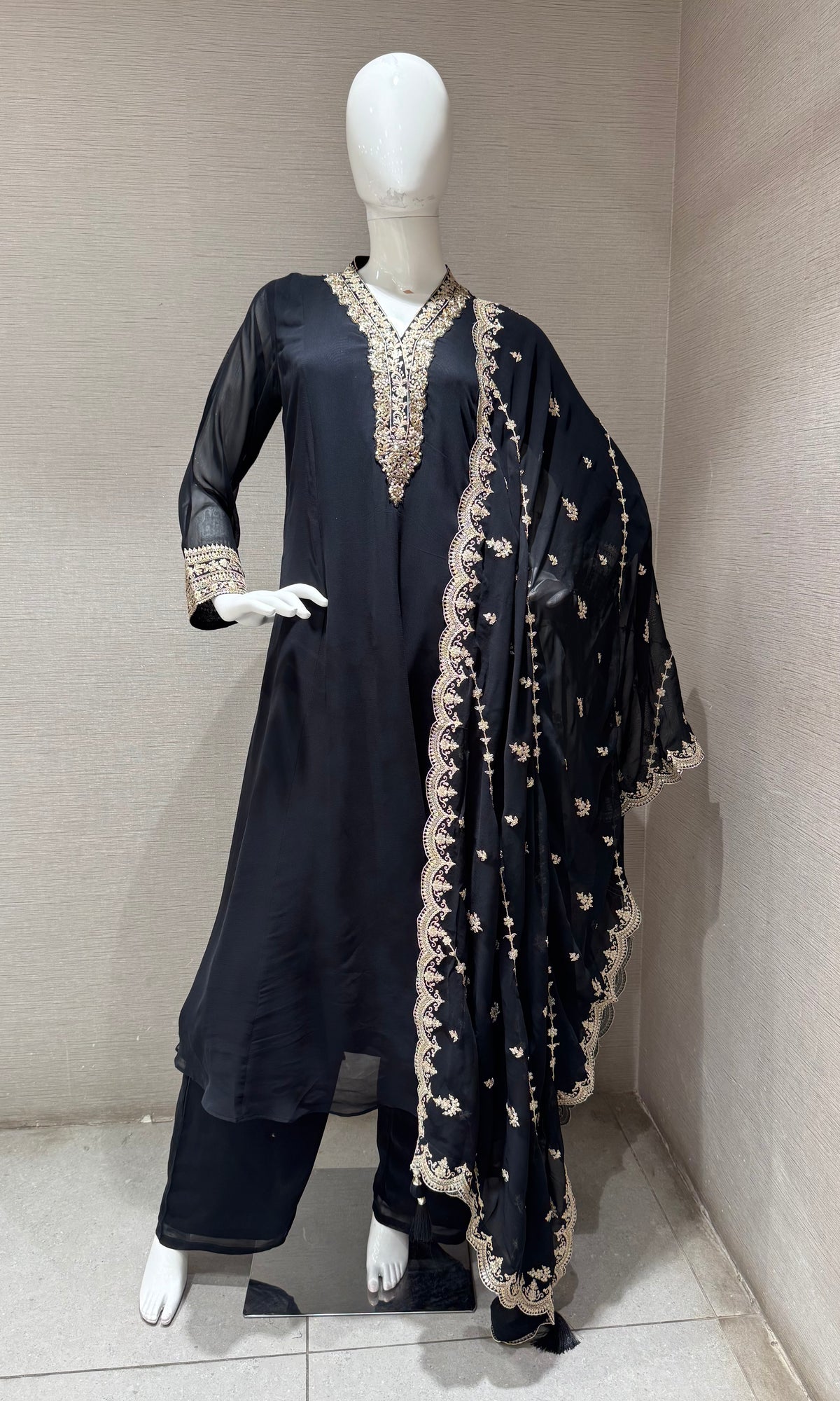 black Embroidered Salwar Silk Kurta Set with Dupatta