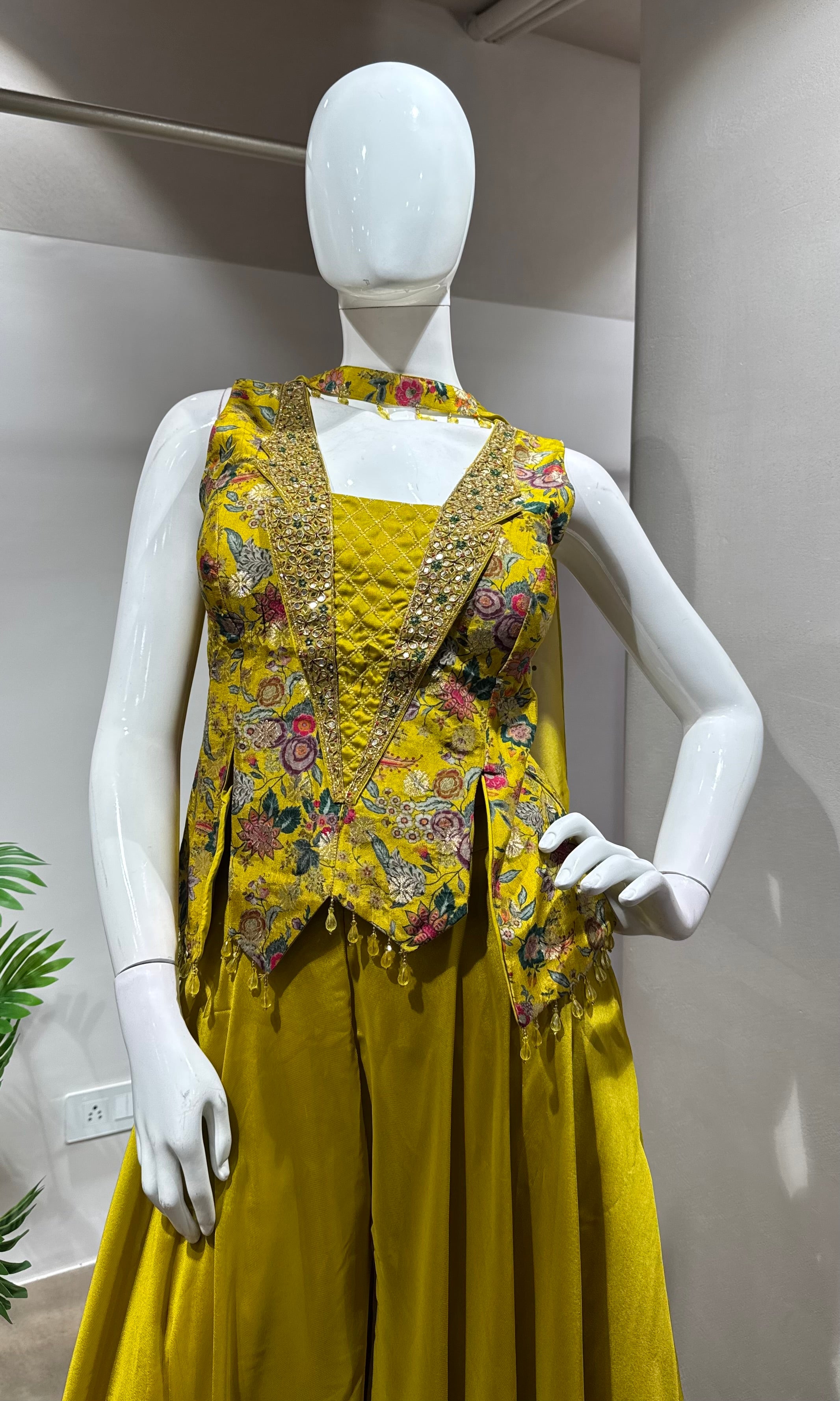 YELLOW EMBROIDERED PEPLUM PALAZZO SET