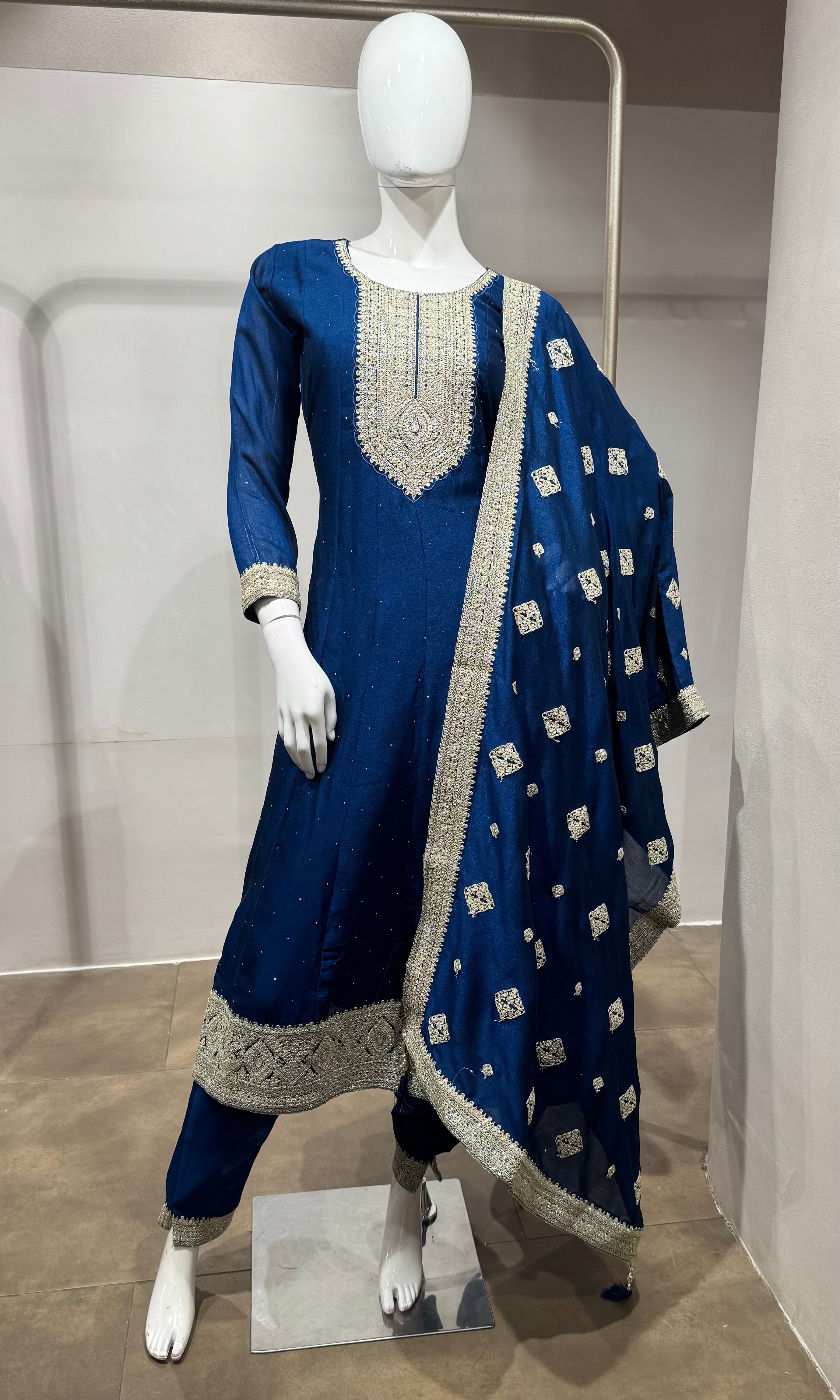 Navy Blue Embroidered Silk Kurta Set