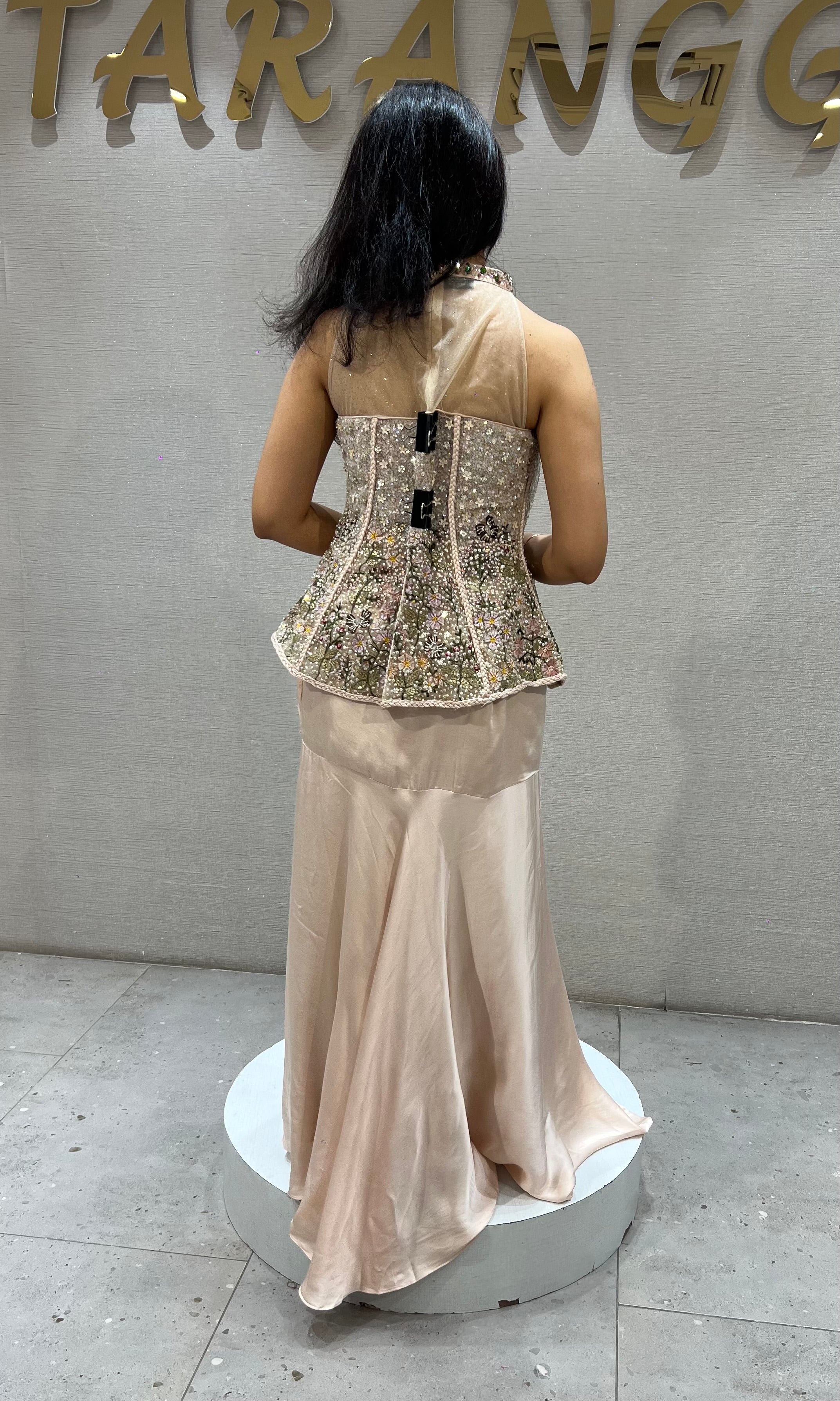 Fawn Embellished Halter Peplum Satin Drape skirt