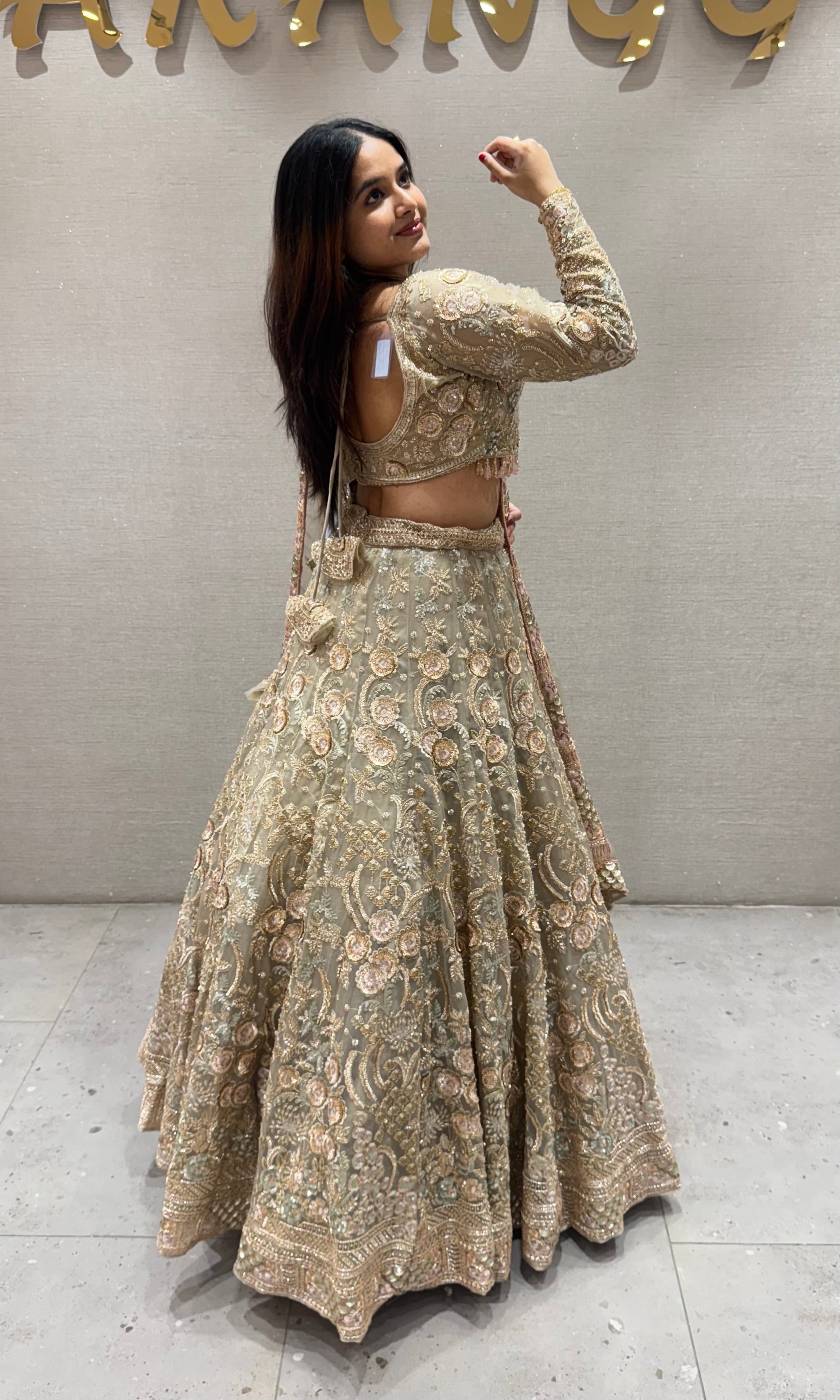 Sage green gold zardosi work lehenga