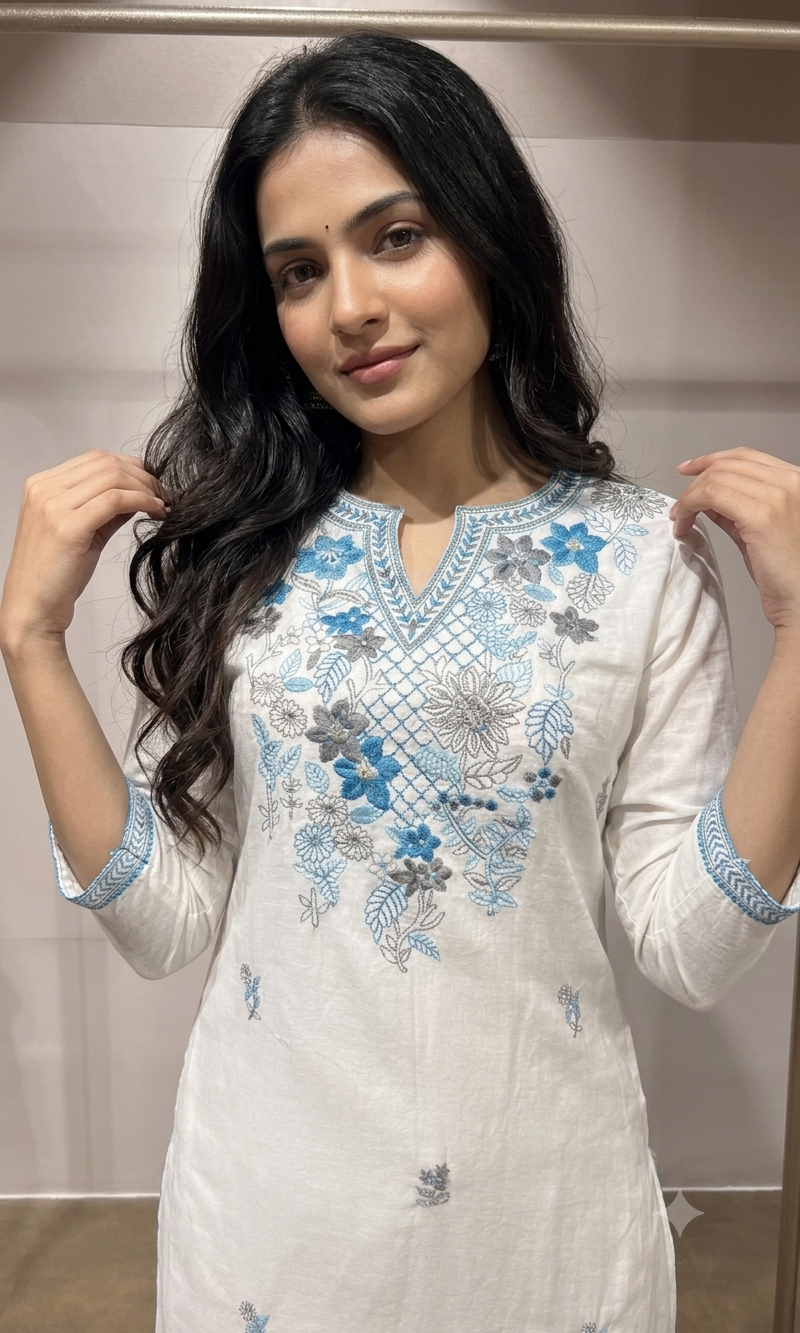 white kurta set features blue floral embroidery