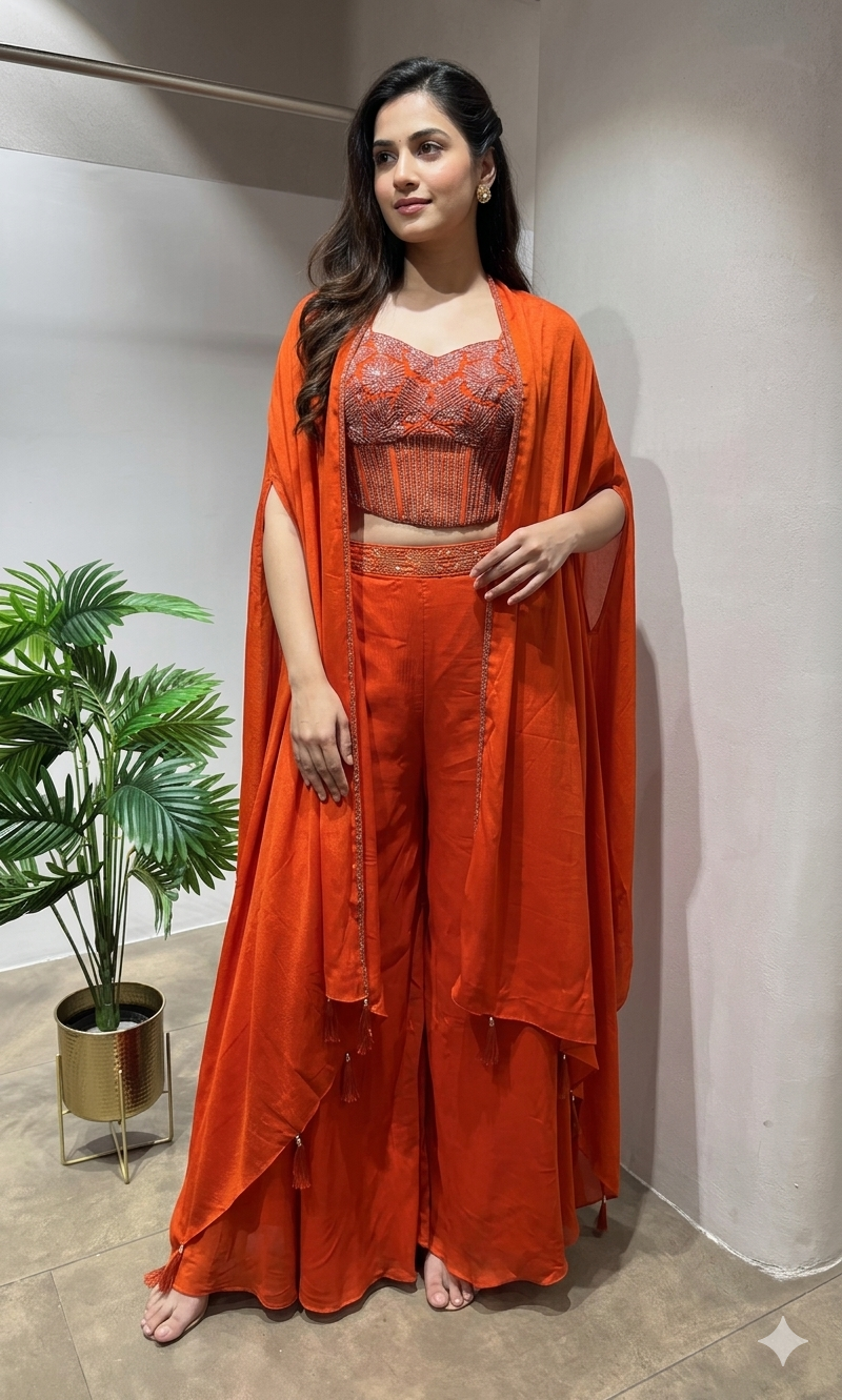 Rust orange crop top palazzo with cape