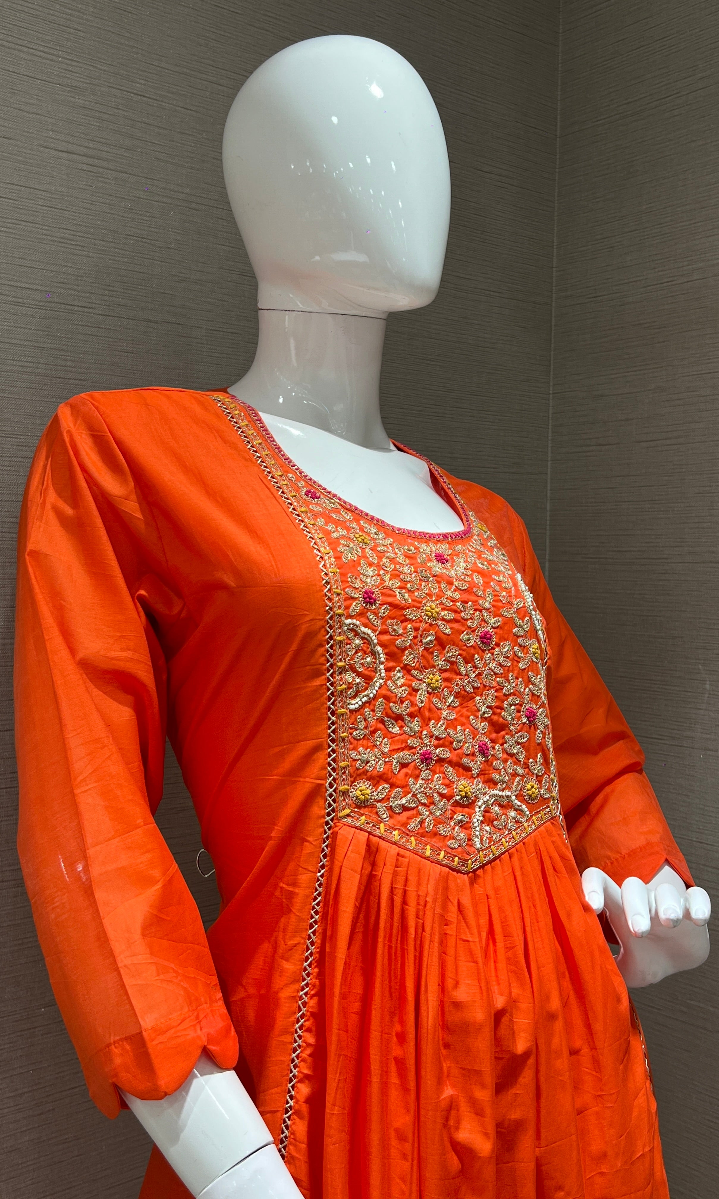 Orange MUL CHANDERI ANARKALI KURTA SET