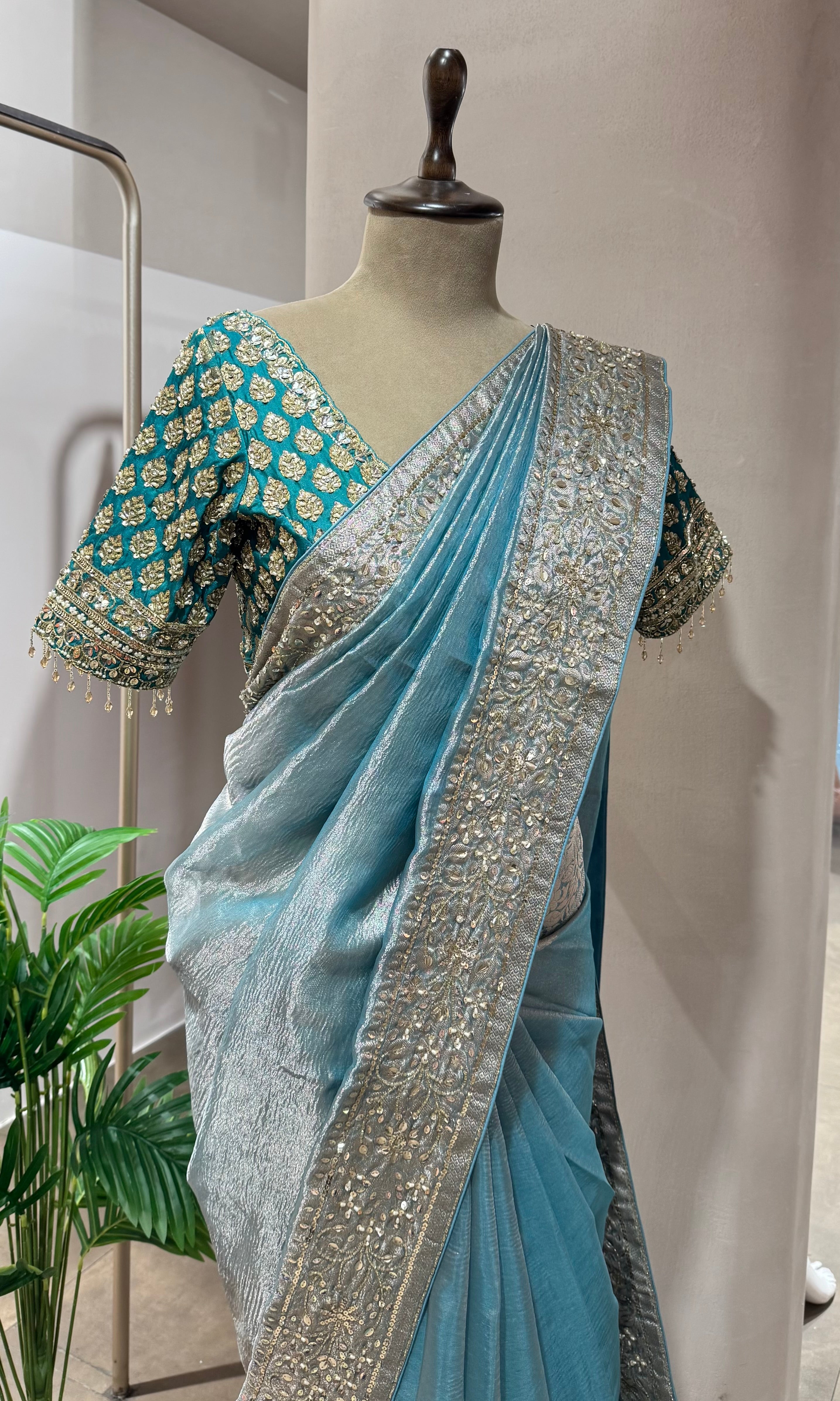 SOFT BLUE DESIGNER TISSUE SAREE WITH BLOUSE