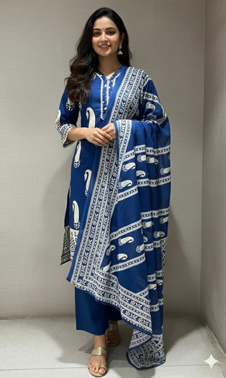 Blue EMBROIDERED PRINTED kurta set