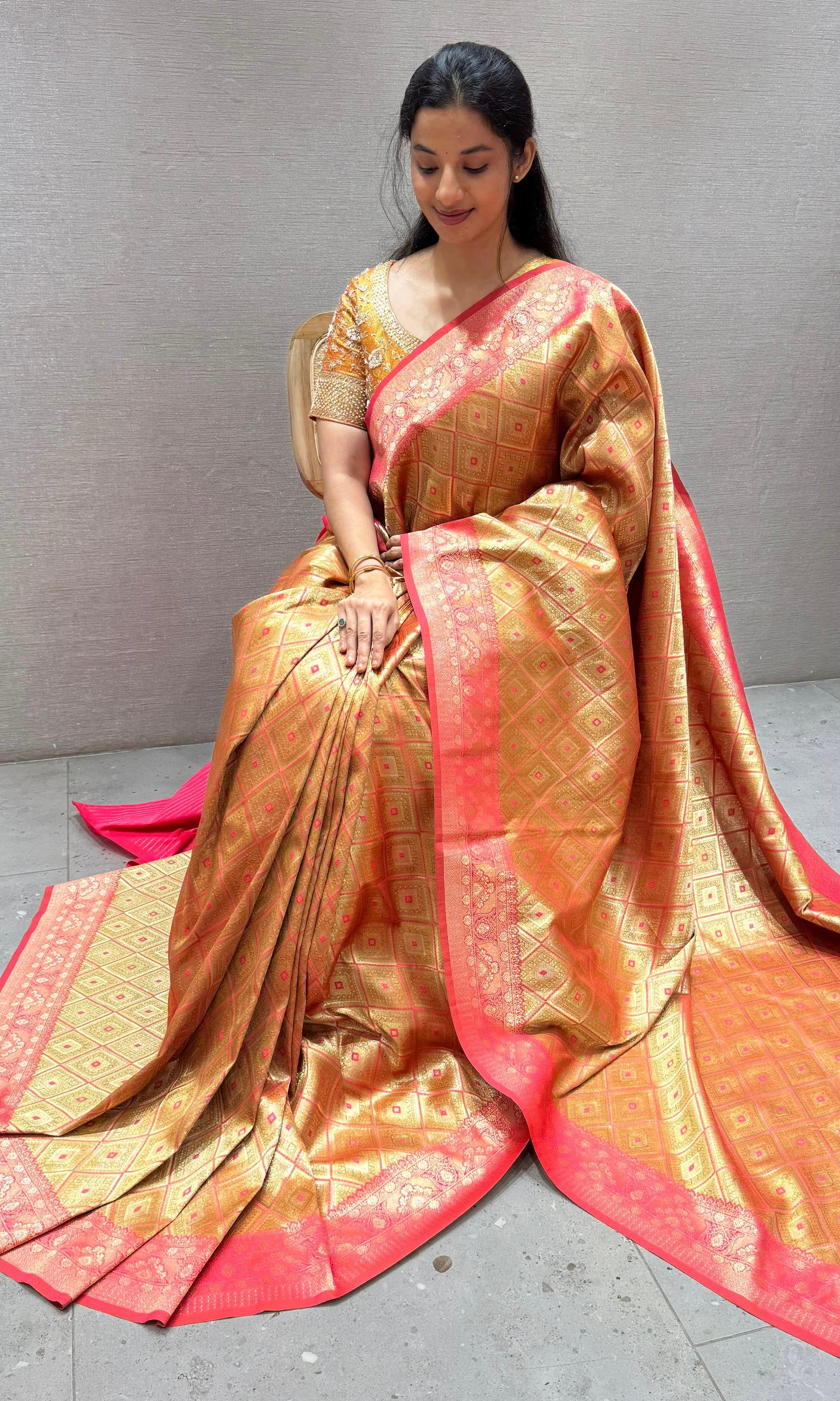 Pink saree with ready blouse