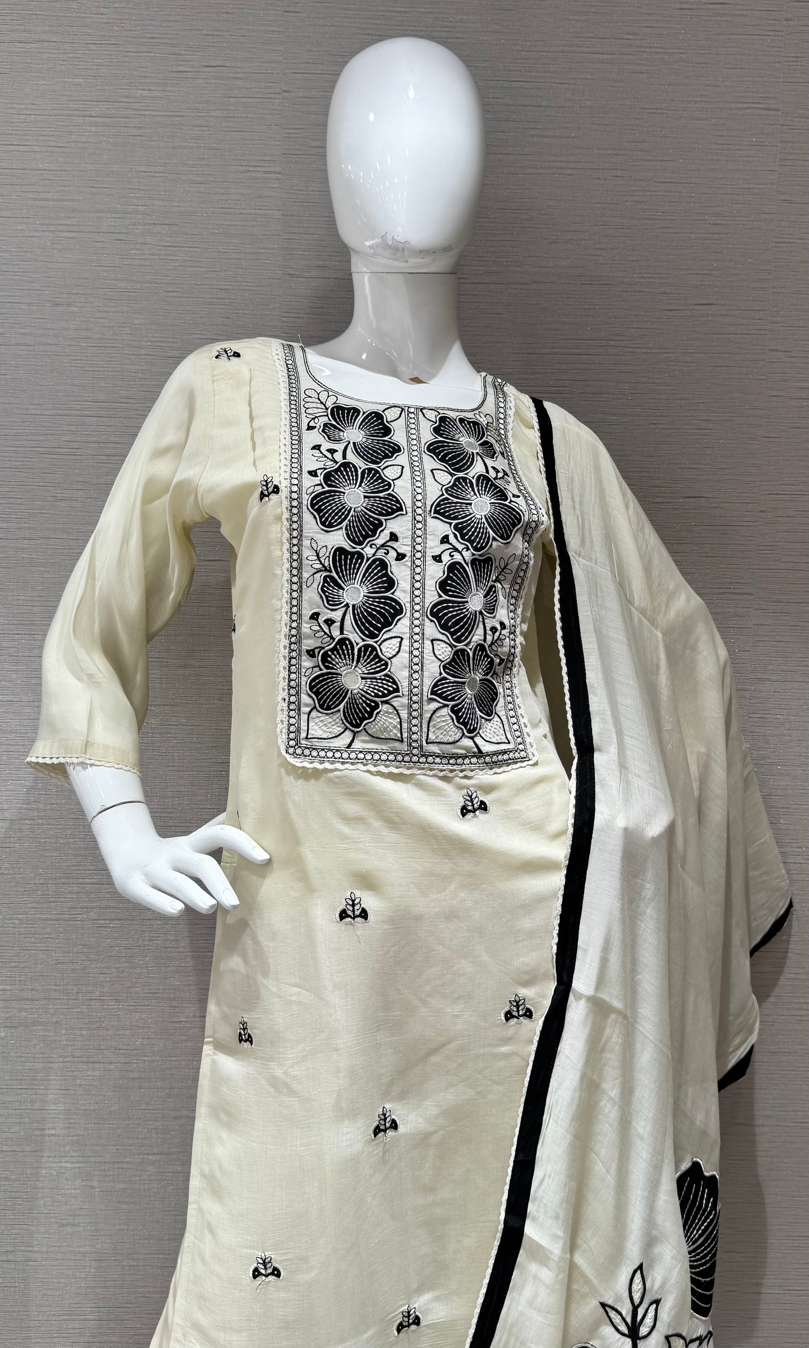Cream & Black Embroidered Kurta set