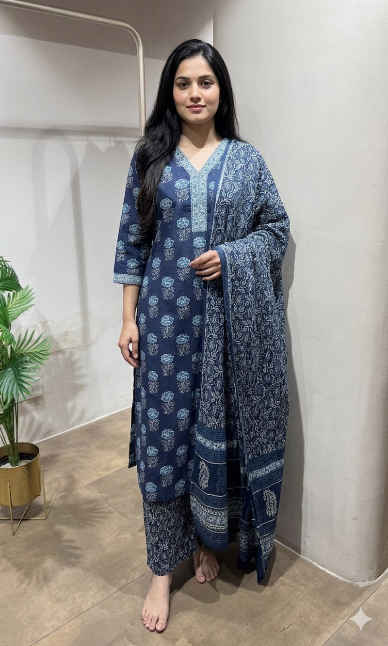 Blue Floral Motif Kurta Set