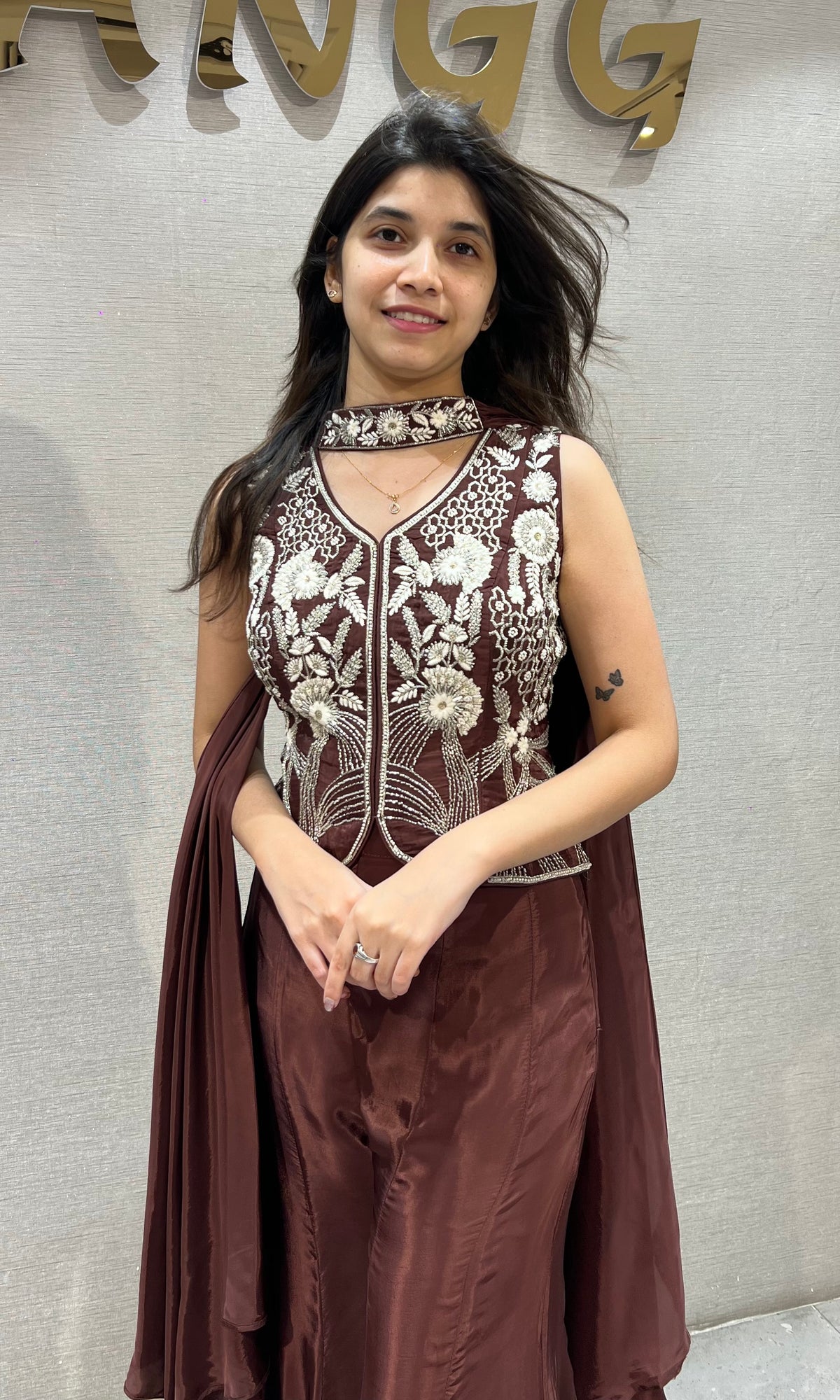 Brown Silk golden floral embroidered peplum palazzo set