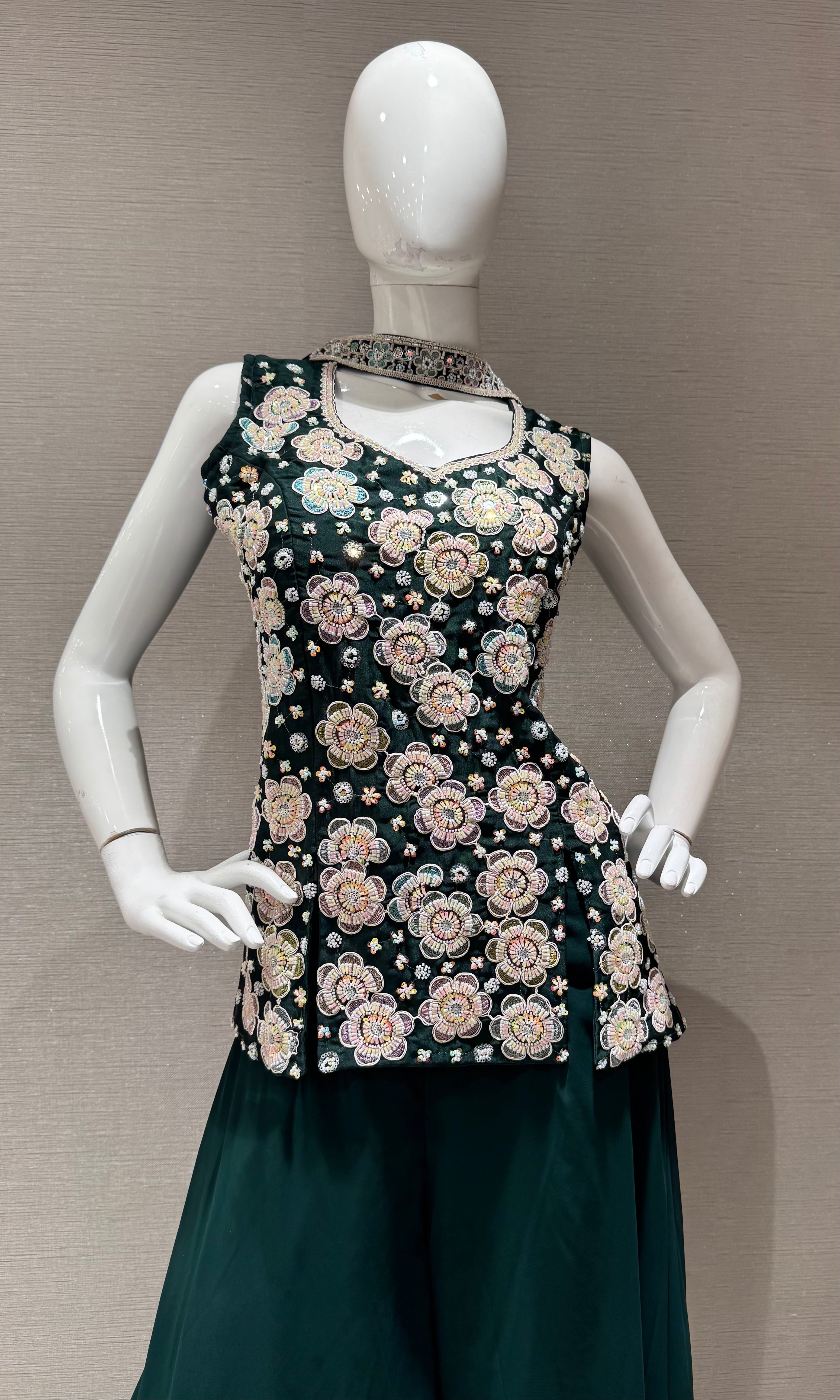 Bottel Green Floral Embroidered Palazzo Set