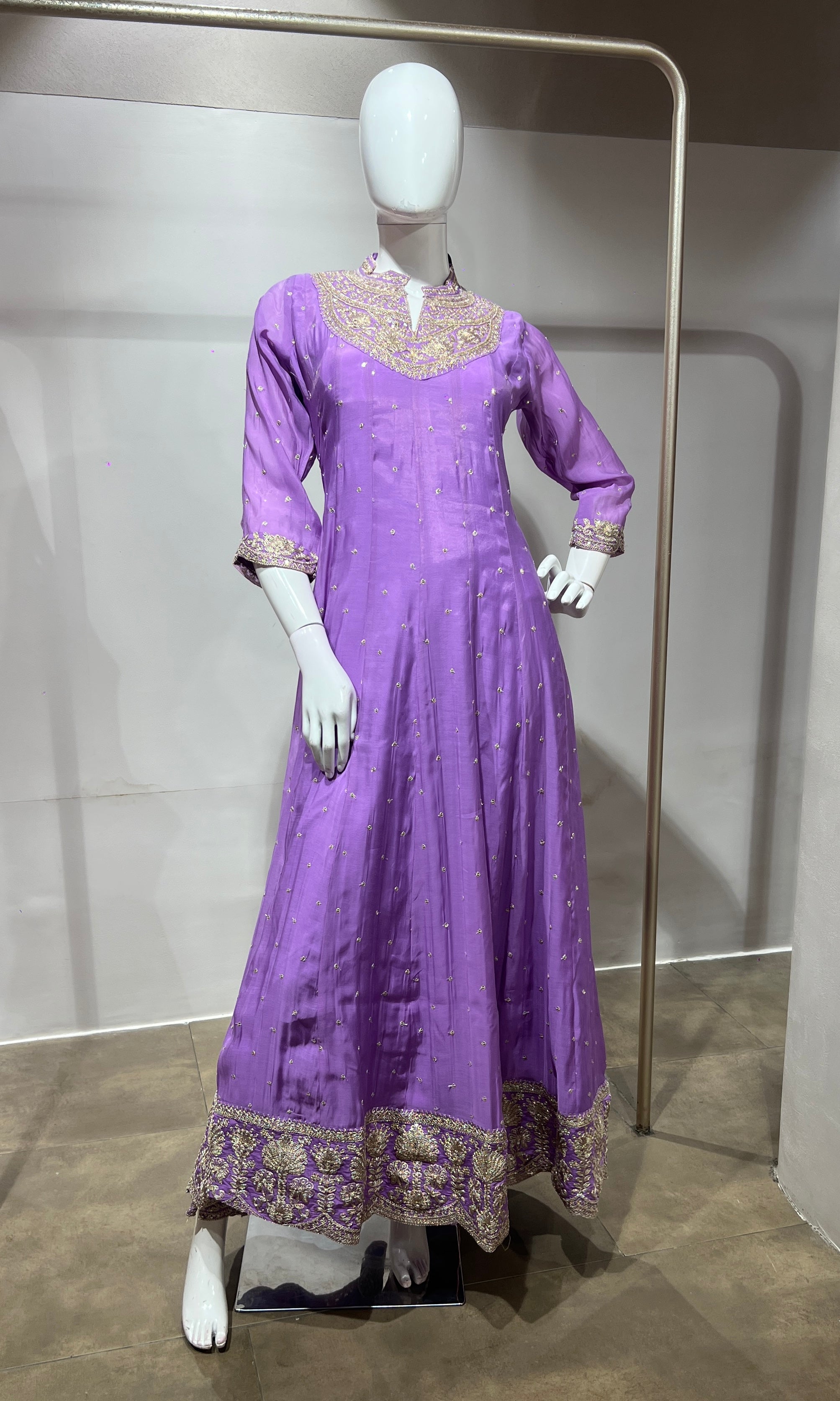 Lavender Silk Anarkali Suit Set with Scallop Dupatta