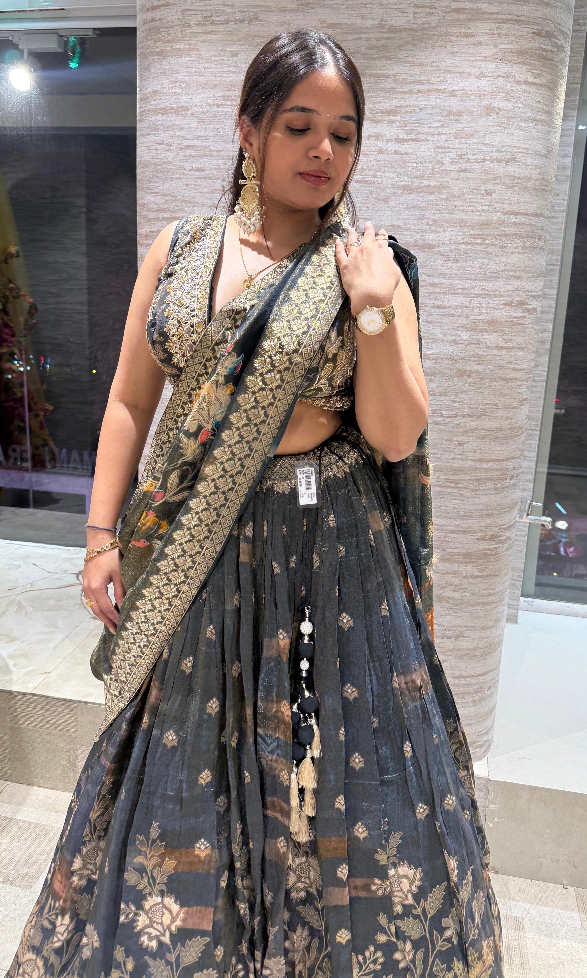 Green gold floral embroidered Lehenga