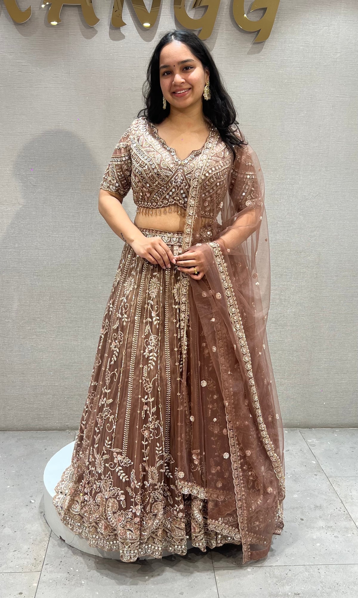 Mocha Brown Embellished Net Lehenga Choli Set