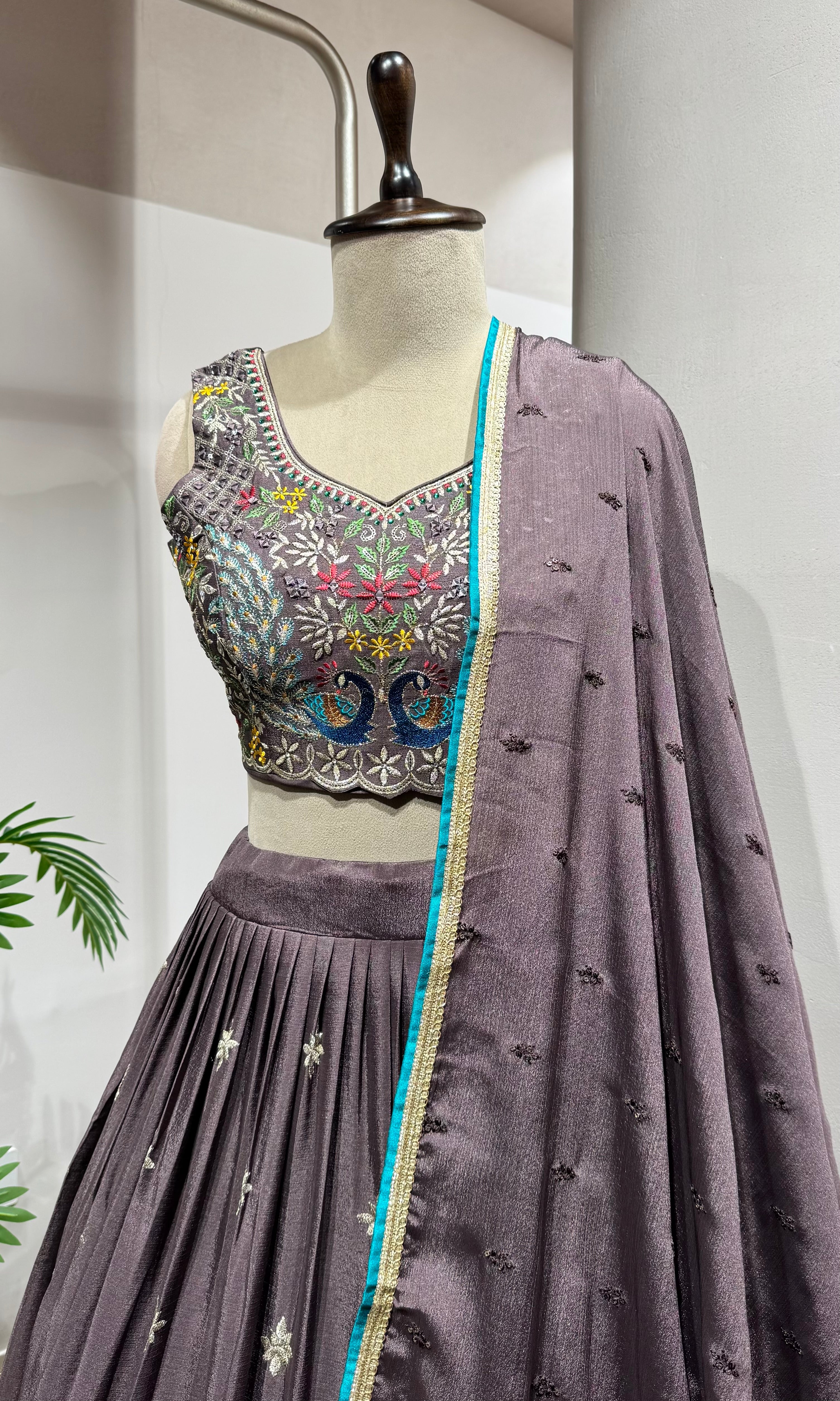 Brown Georgette Lehenga with Multi-Color Embroidery