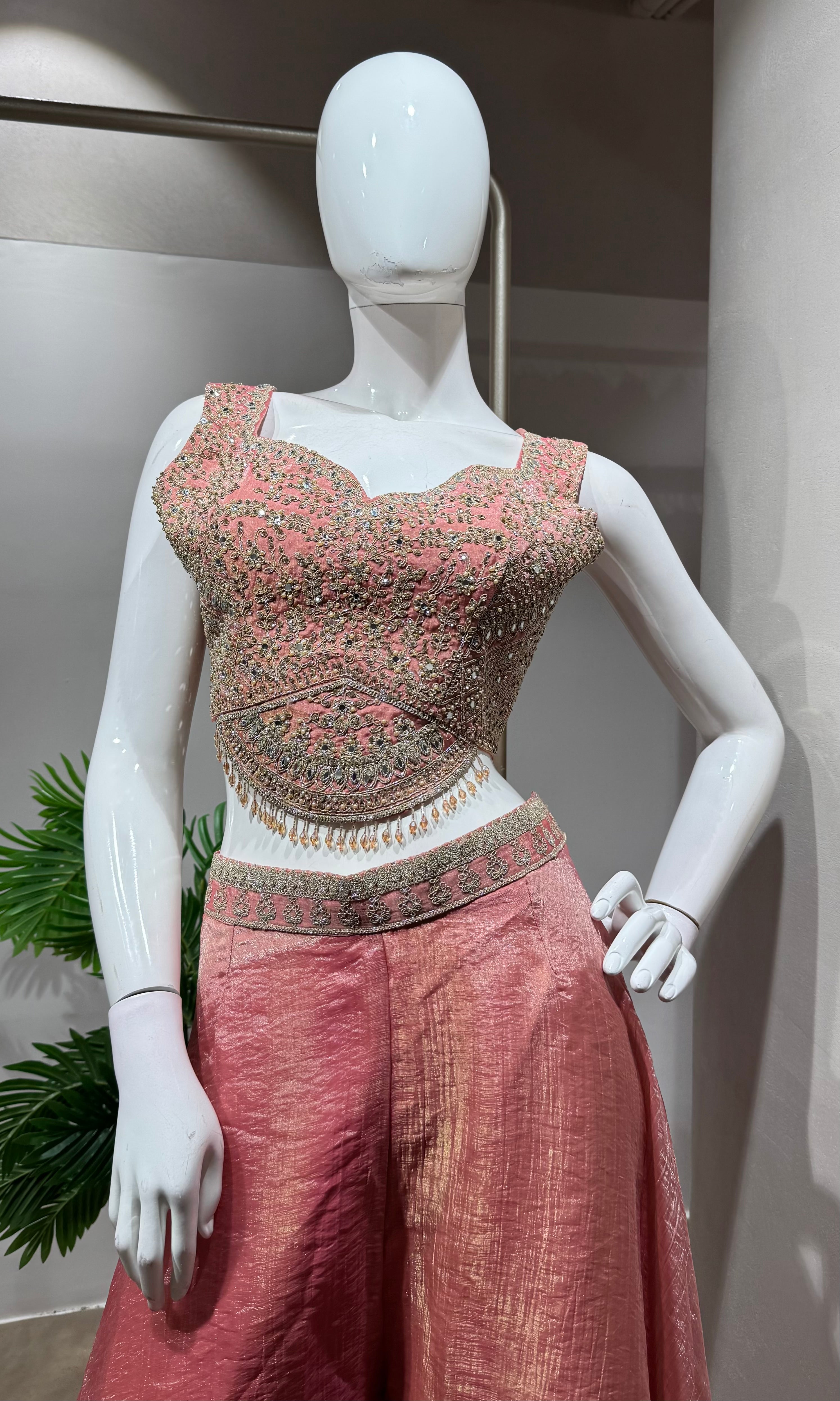 Rose Pink Jacquard Jacket Palazzo Set
