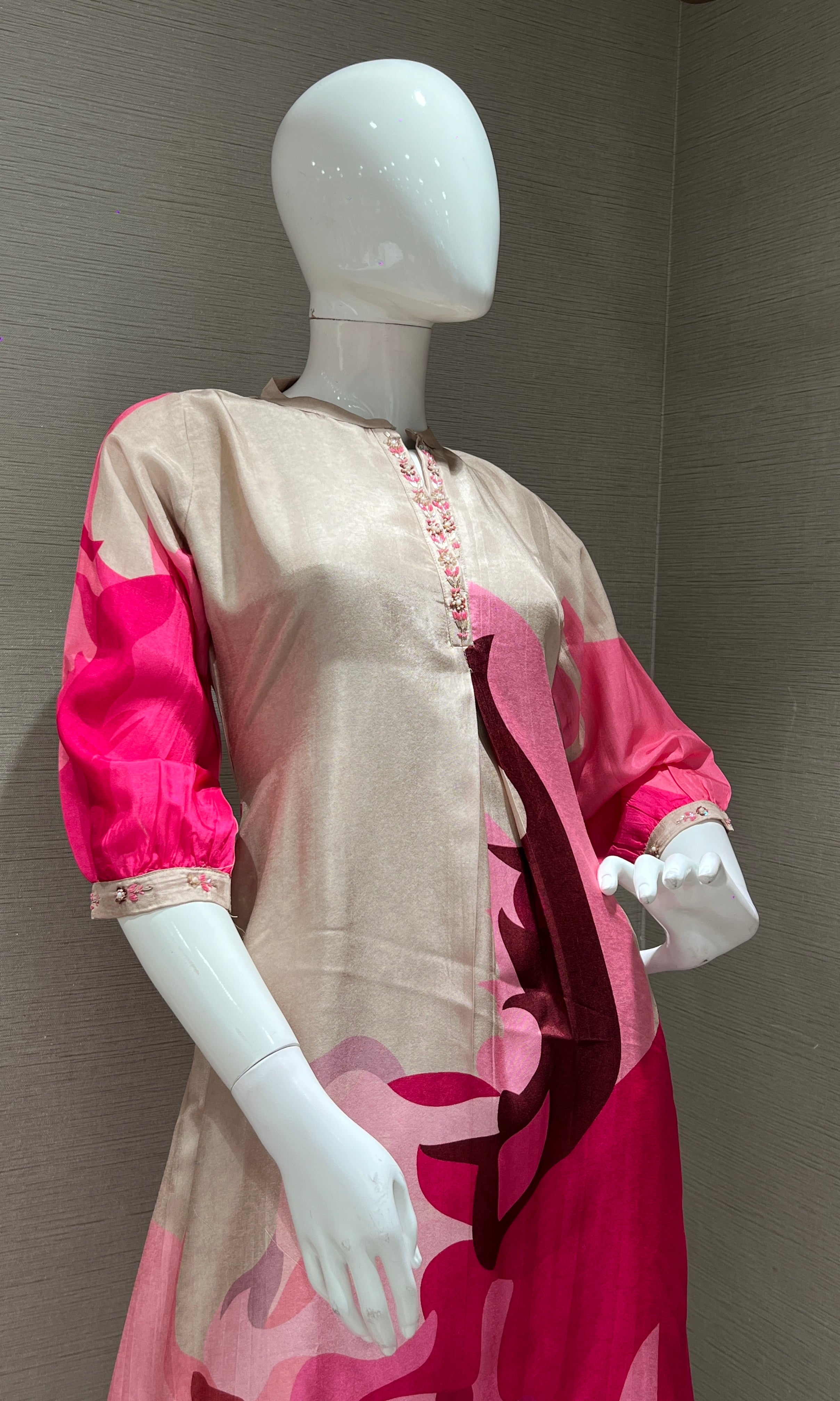 Beige printed pink KURTI TOP