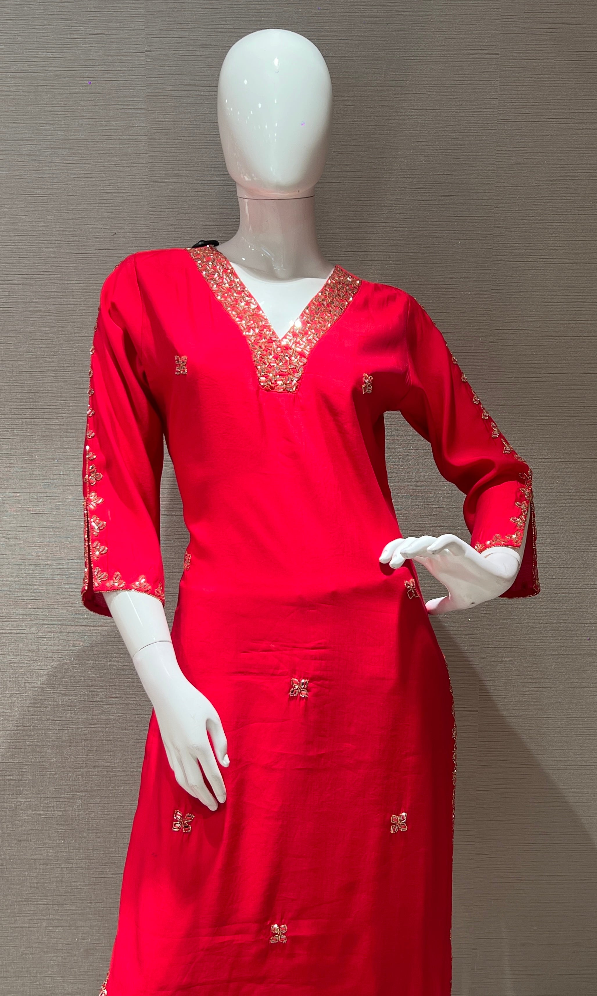 pink embroidered kurta set with striped dupatta