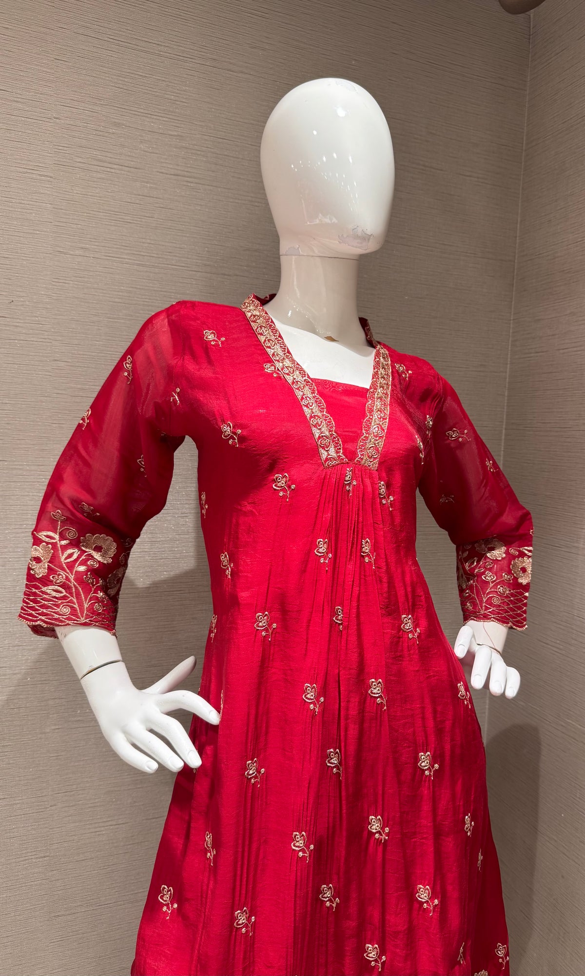 Maroon golden floral a line kurta set with dupatta