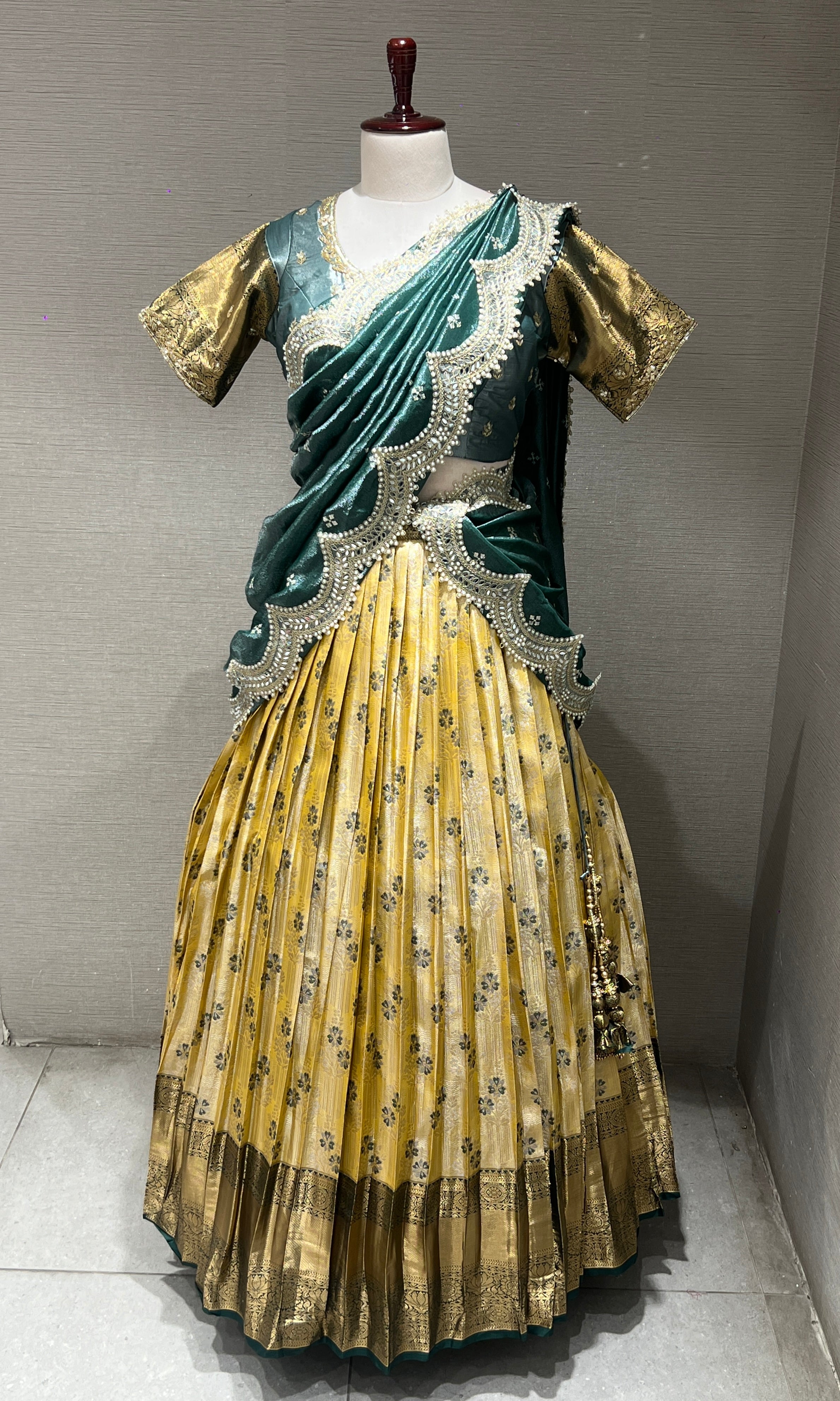 Green AND YELLOW FLORAL BANARASI LEHENGA