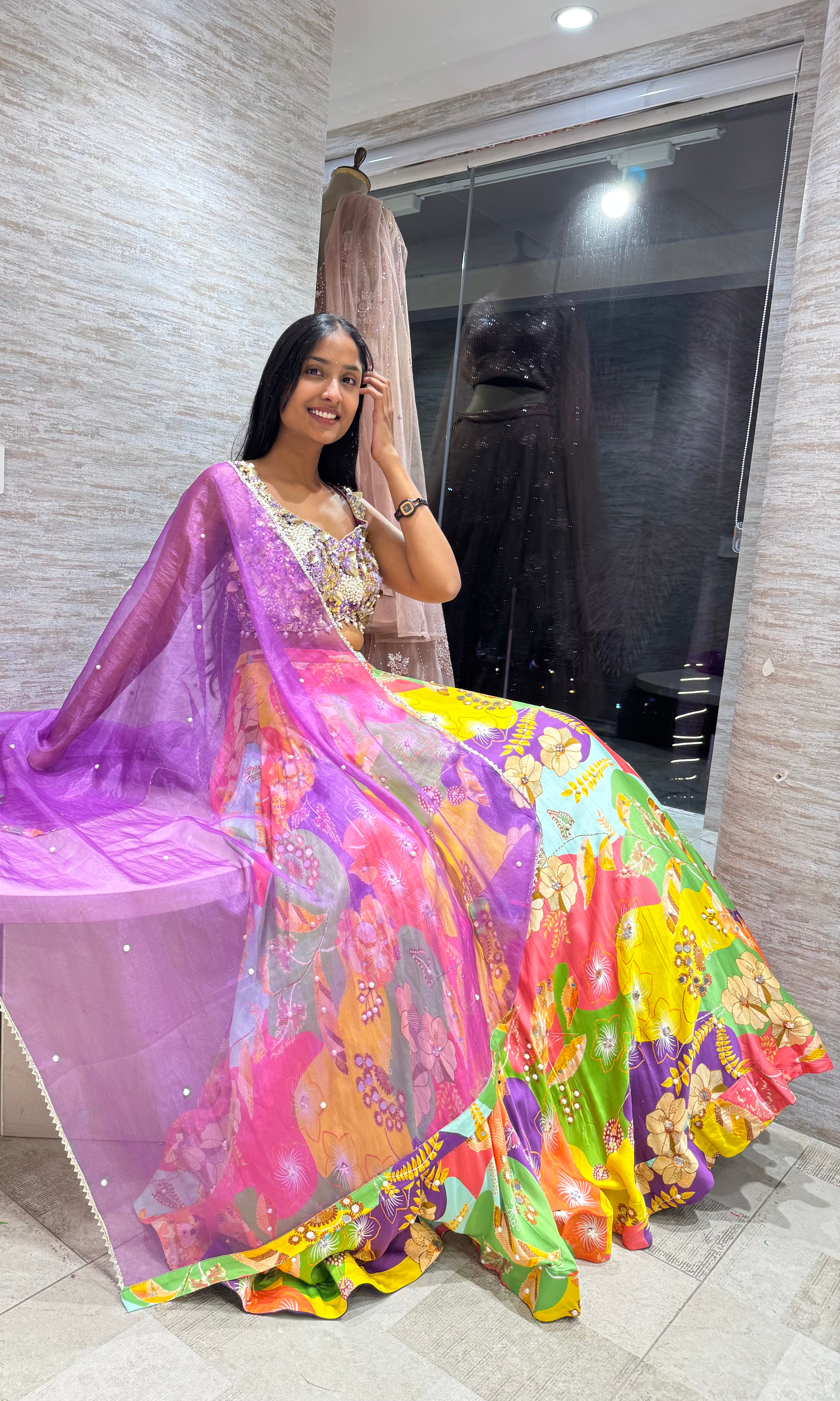 Purple multi colour floral Lehenga