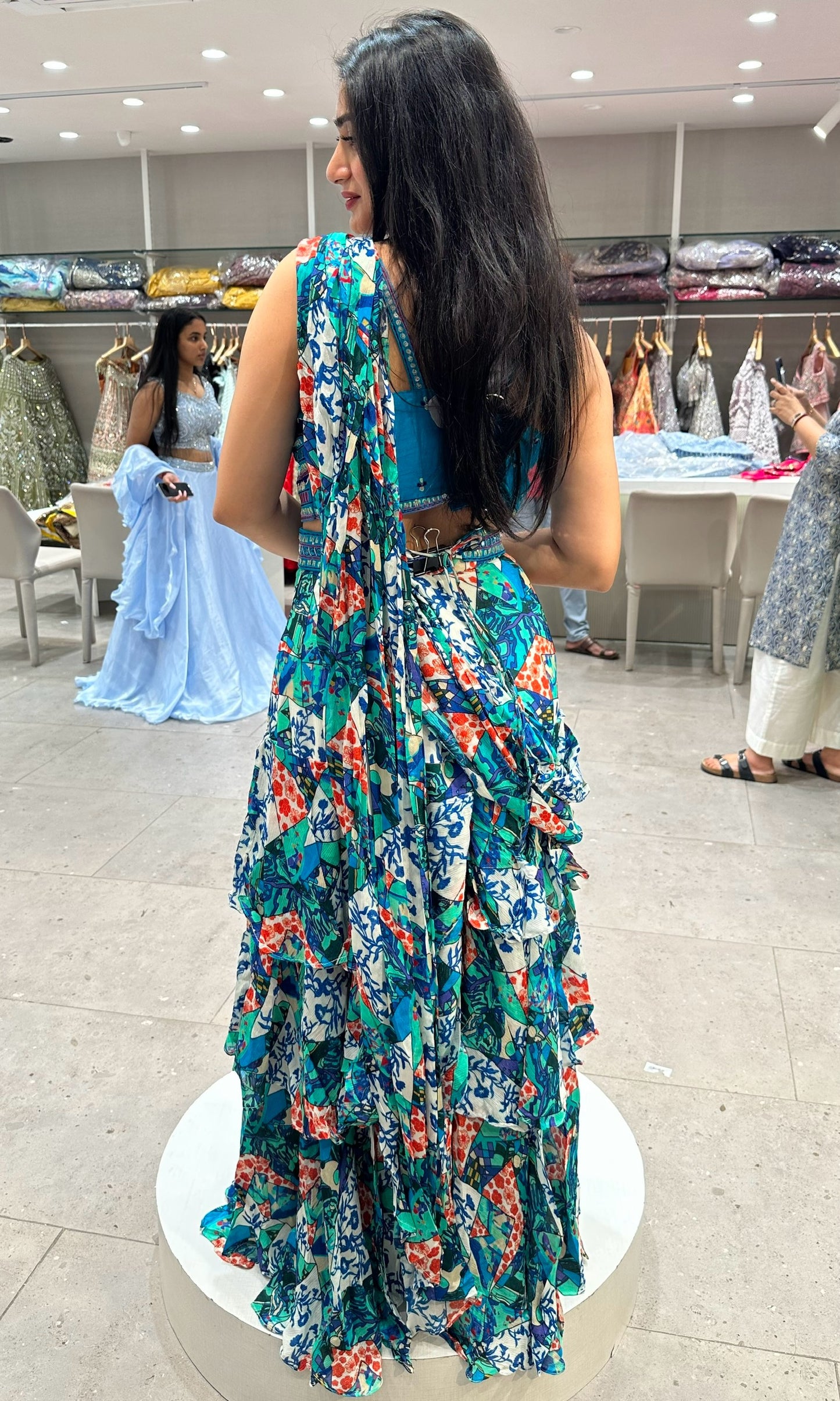 🦋Teal blue printed  saree with belt 🦋