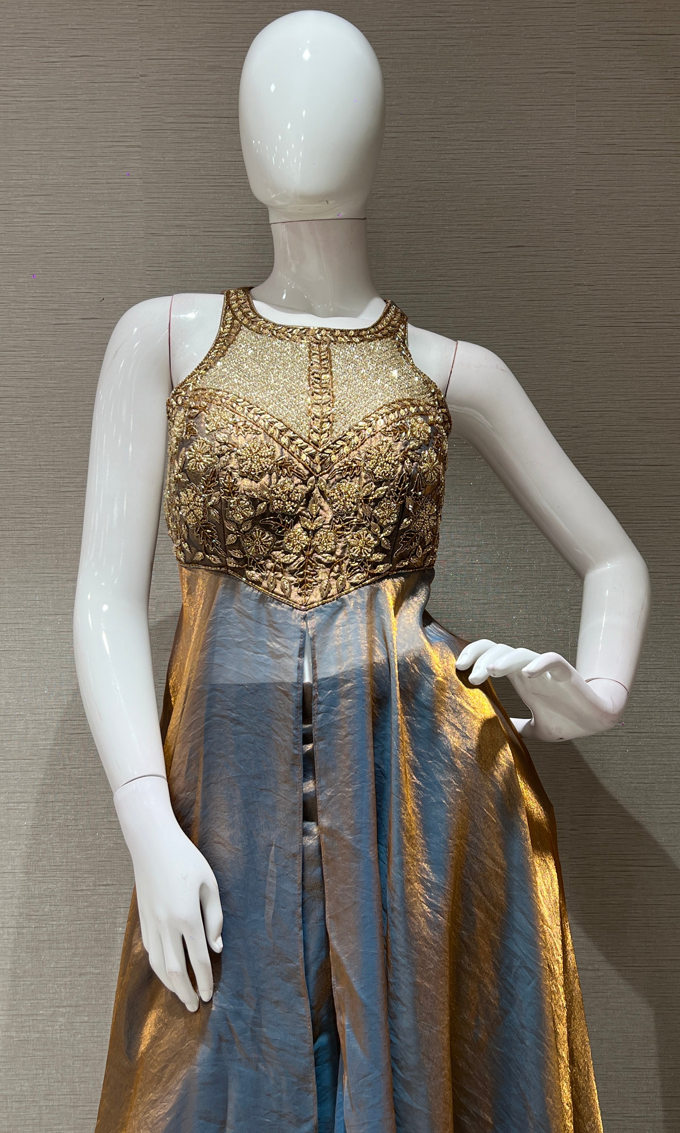 Copper GOLD SHIMMER SILK PALAZZO WITH HALTER NECK