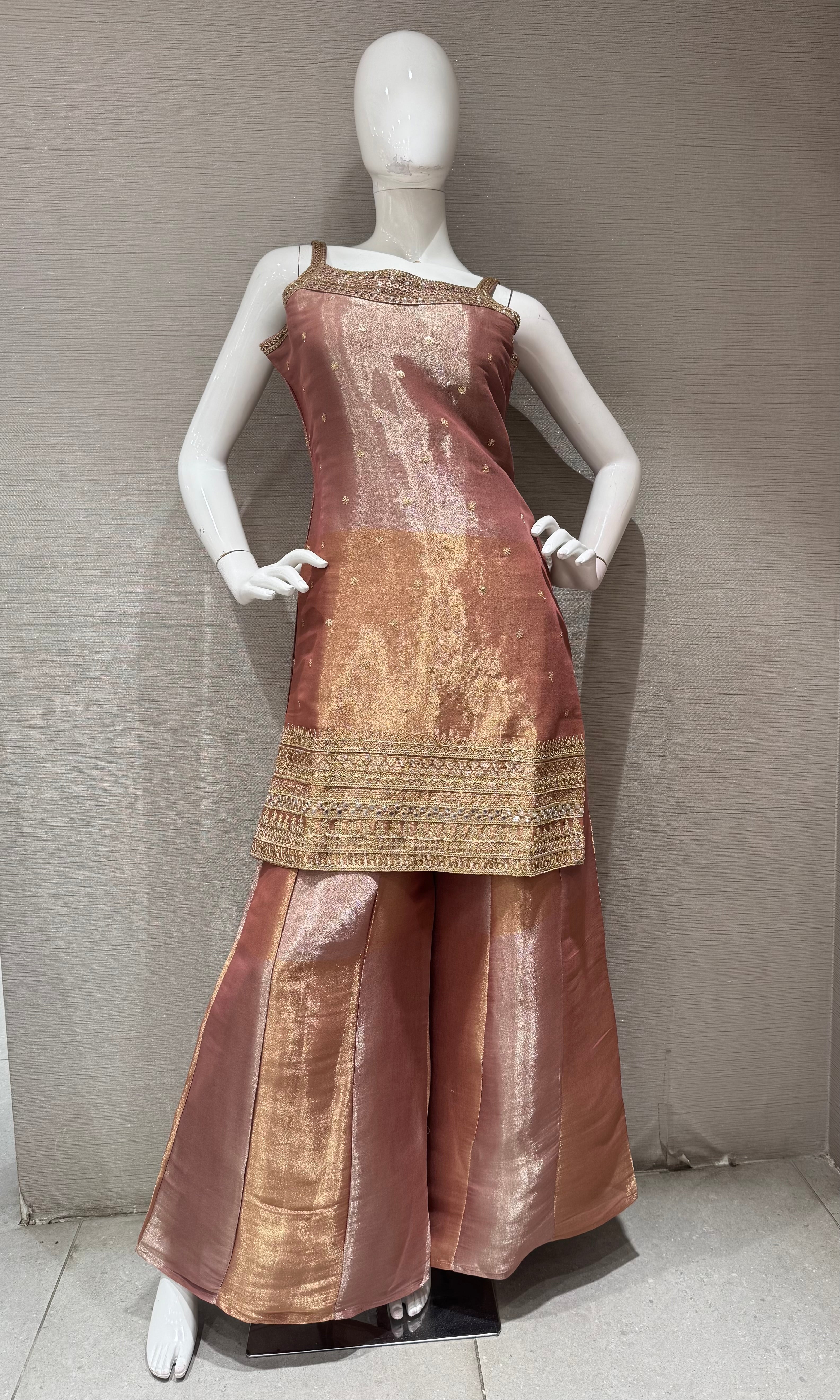 Onion Pink and Gold Zari Sharara set with Sheer Dupatta