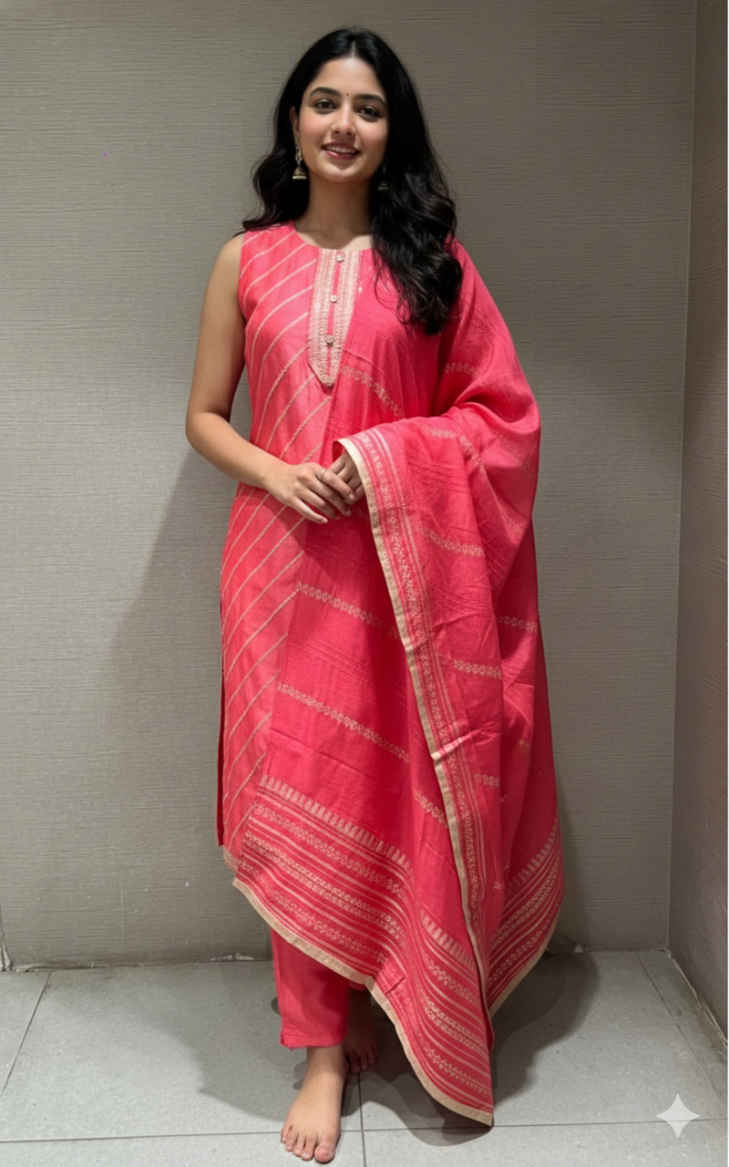 ROSE PINK GOLD STRIPED KURTA SET