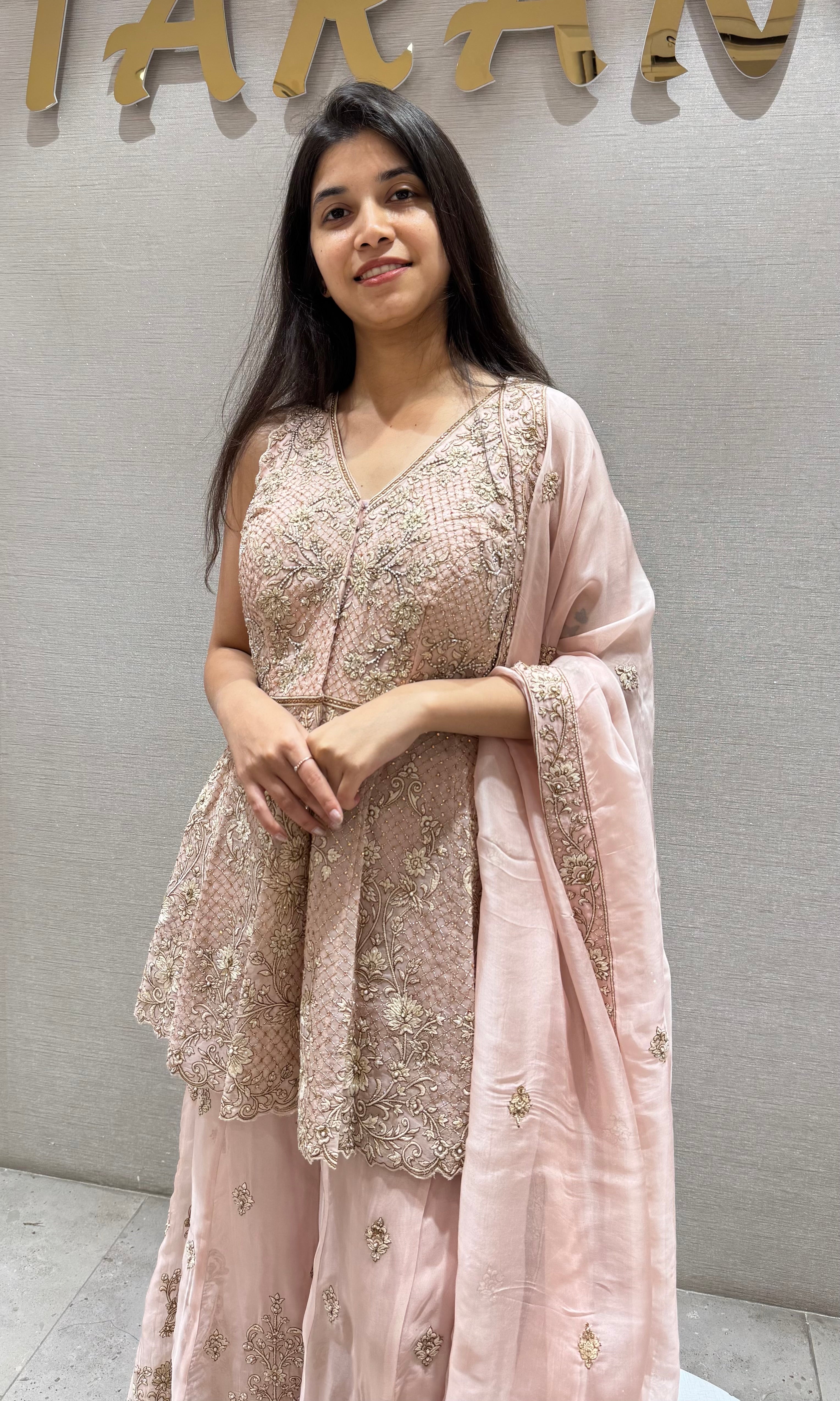 PEACH Embroidered Peplum PALAZZO Set