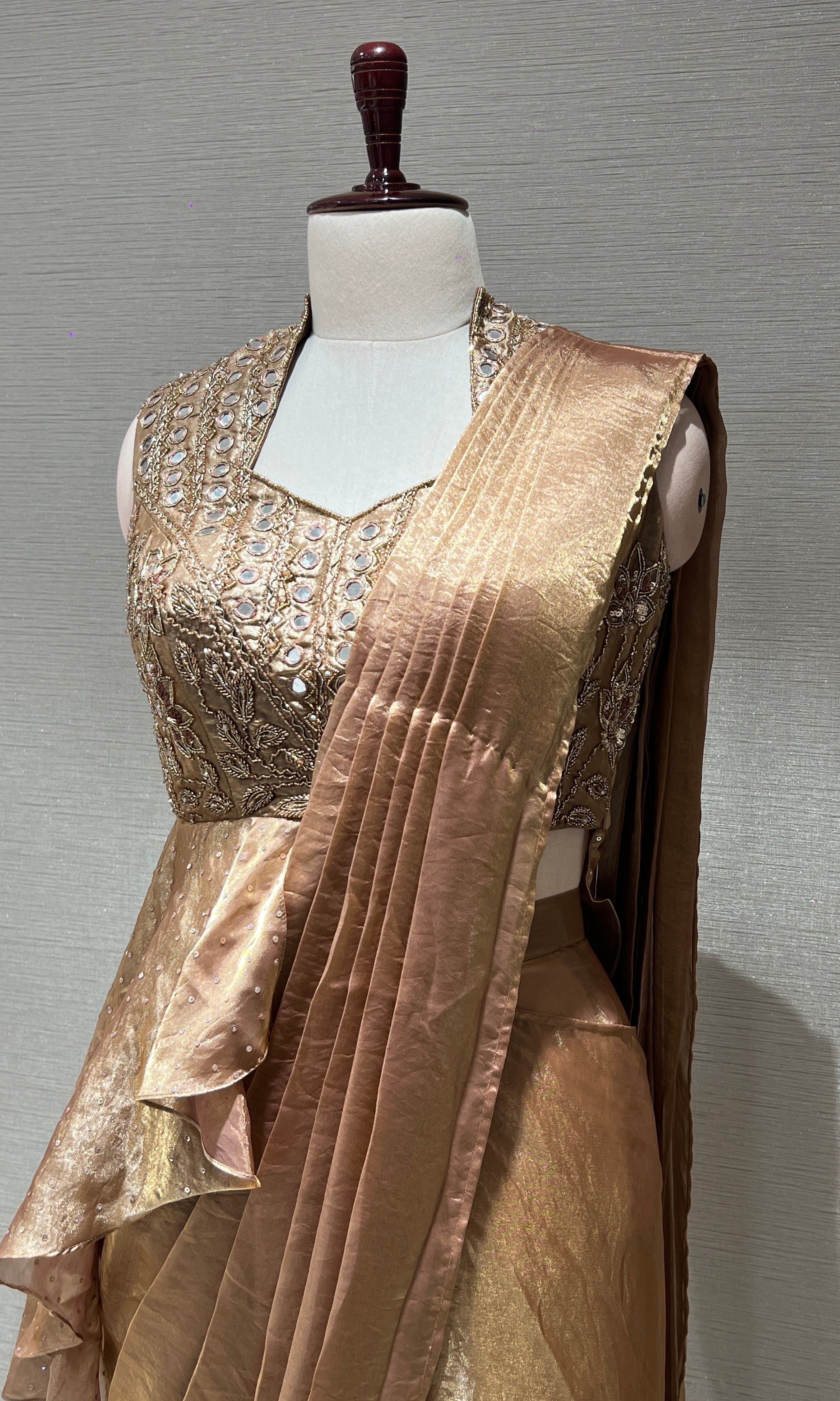 LIGHT BROWN metallic gold draped saree