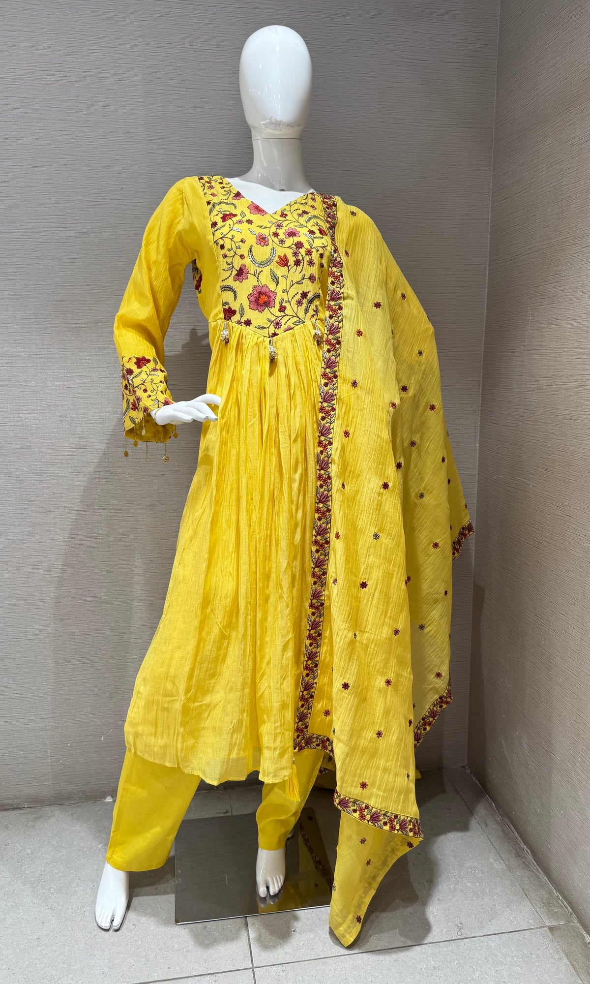 Yellow Floral Embroidery Cotton Kurta Set with dupatta