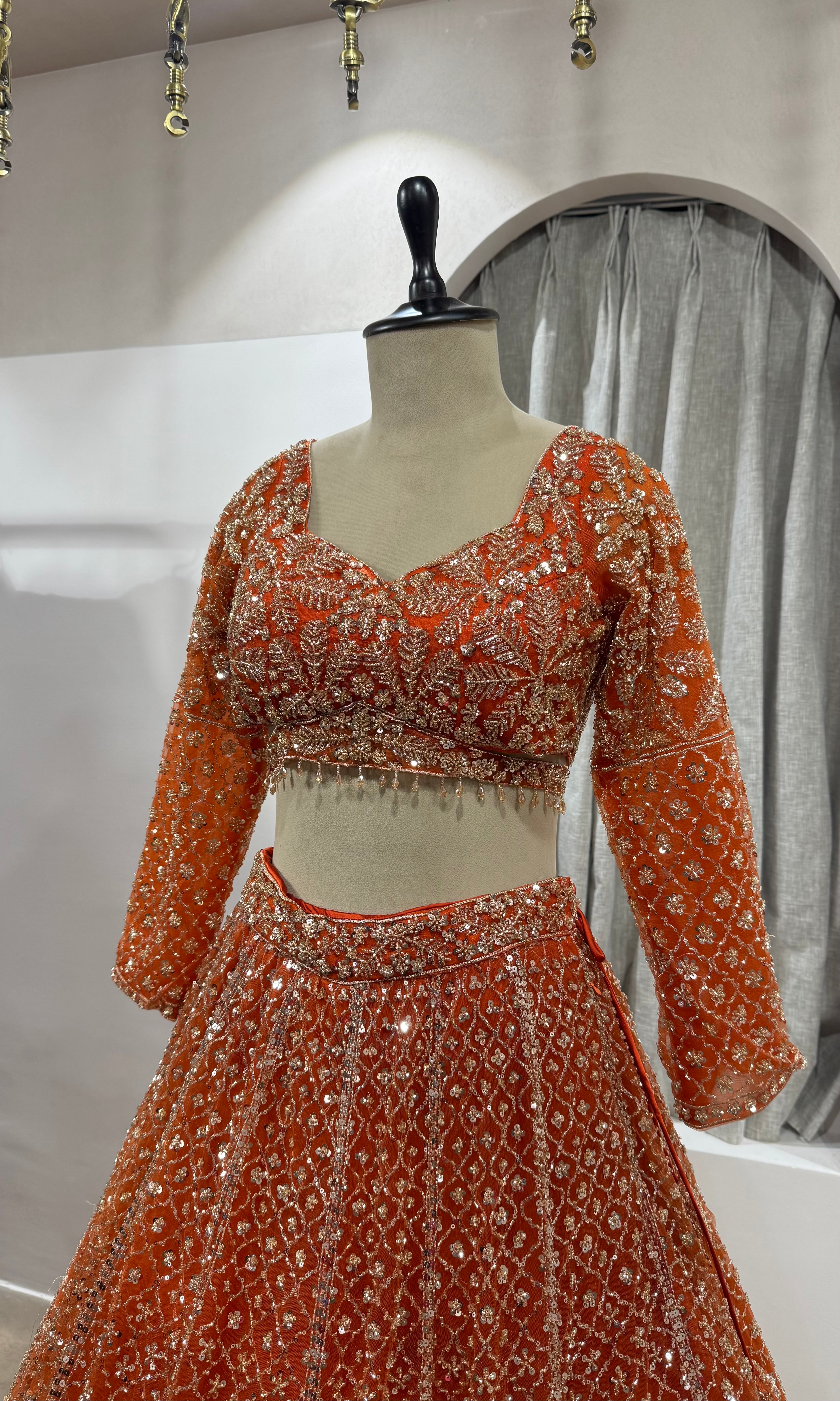 Rust Orange Embroidered Lehenga