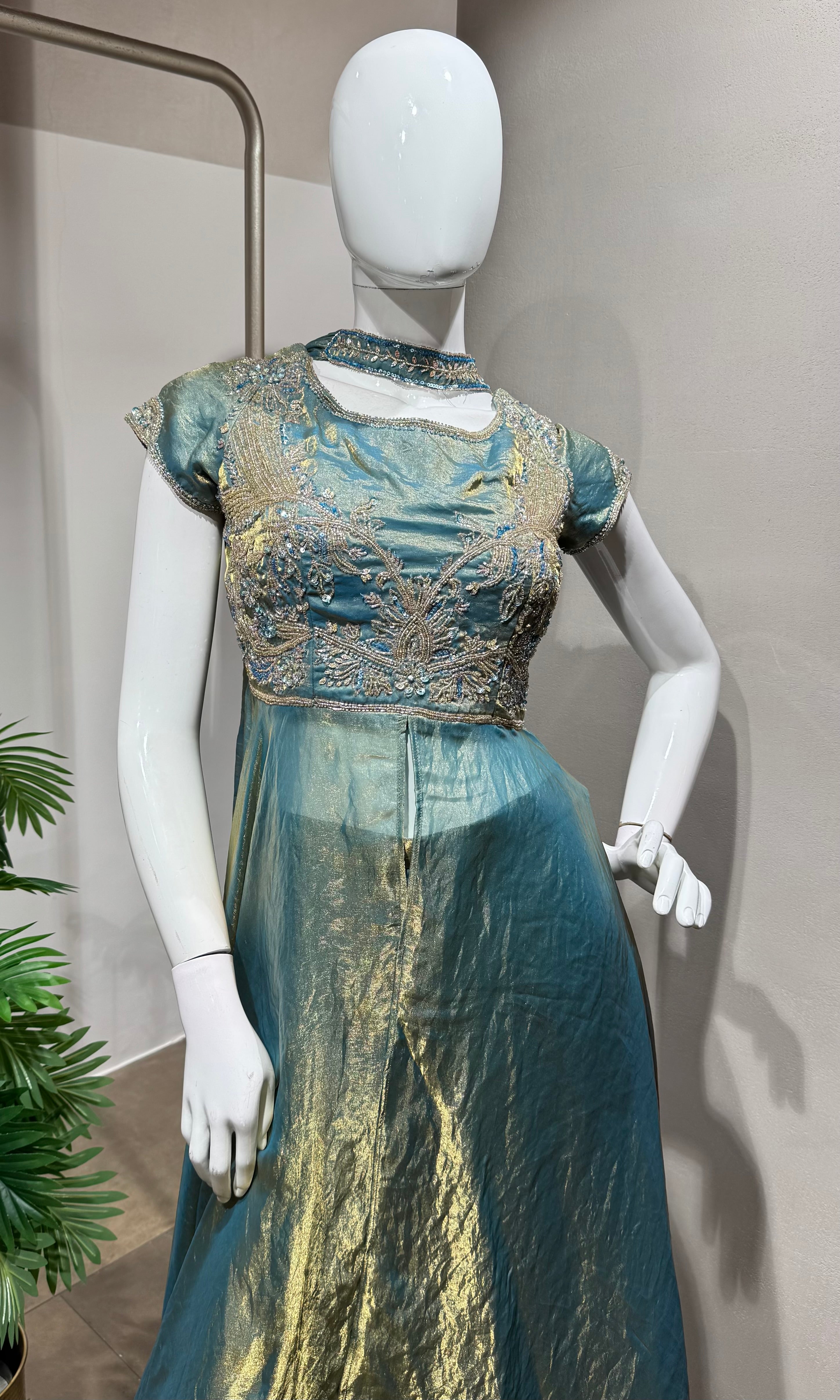 Blue Teal Shimmer Tissue anarkali Palazzo Set