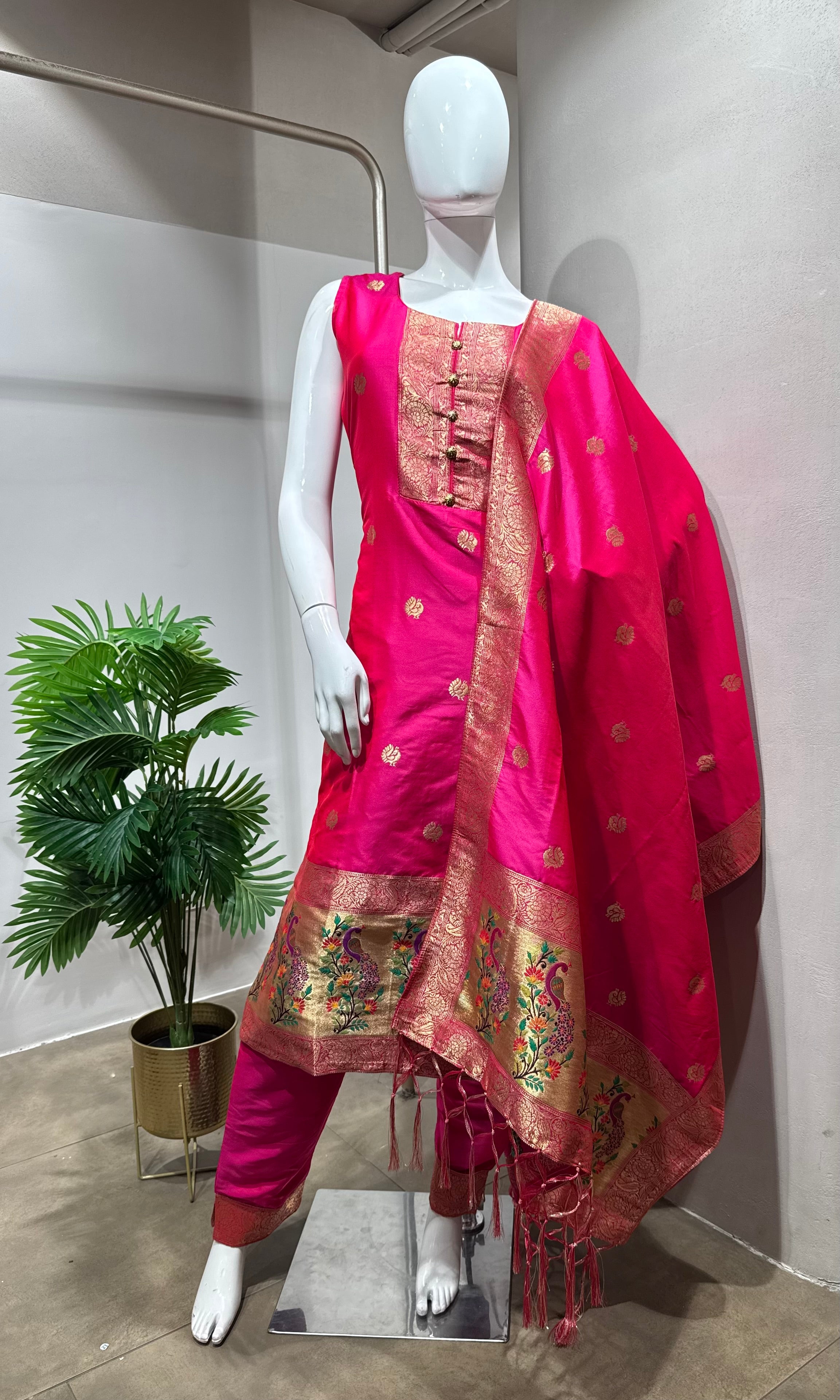 Rani Pink Banarasi Silk Kurta Set