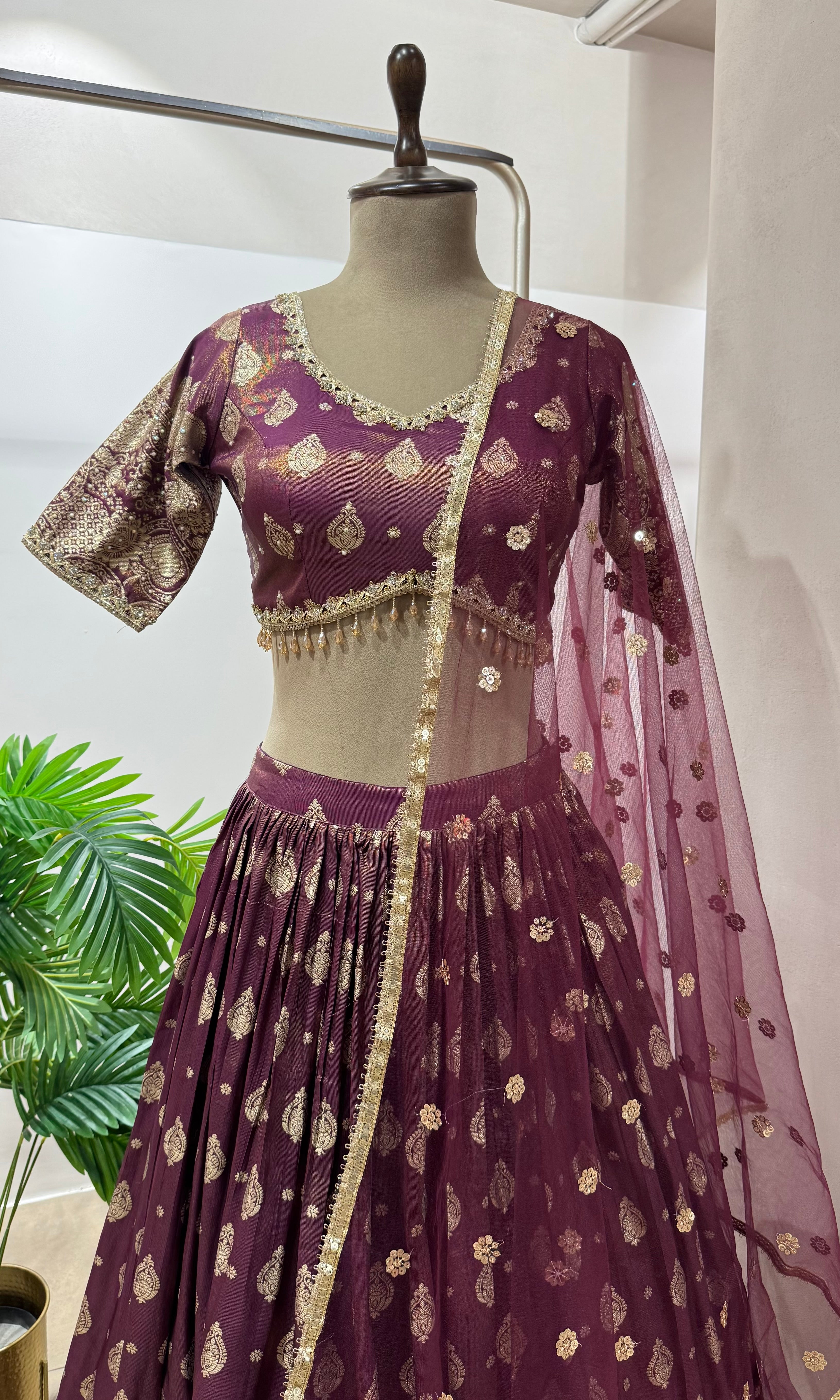 Wine GOLDEN CROP TOP LEHENGA