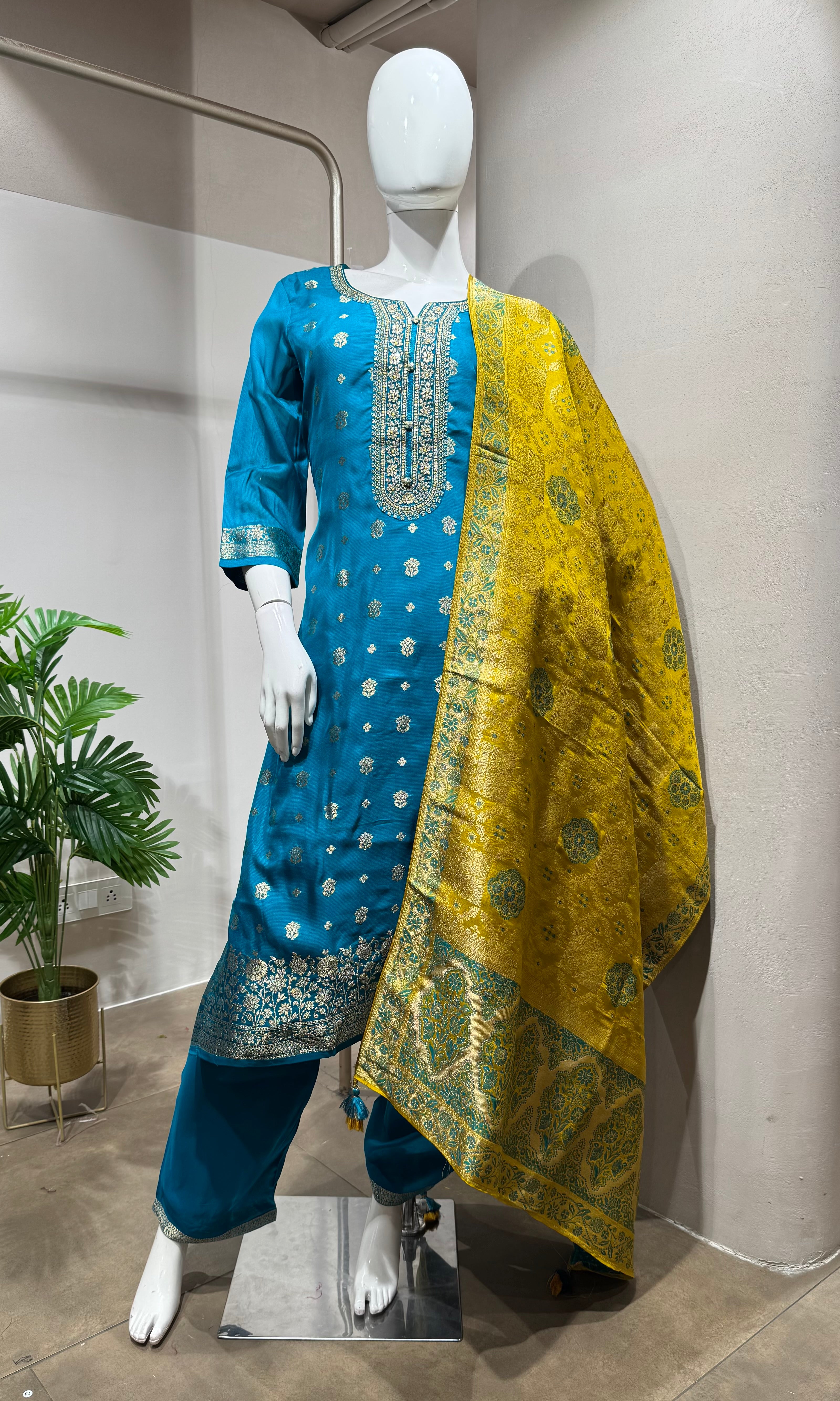 Rama blue woven design silk blend kurta set