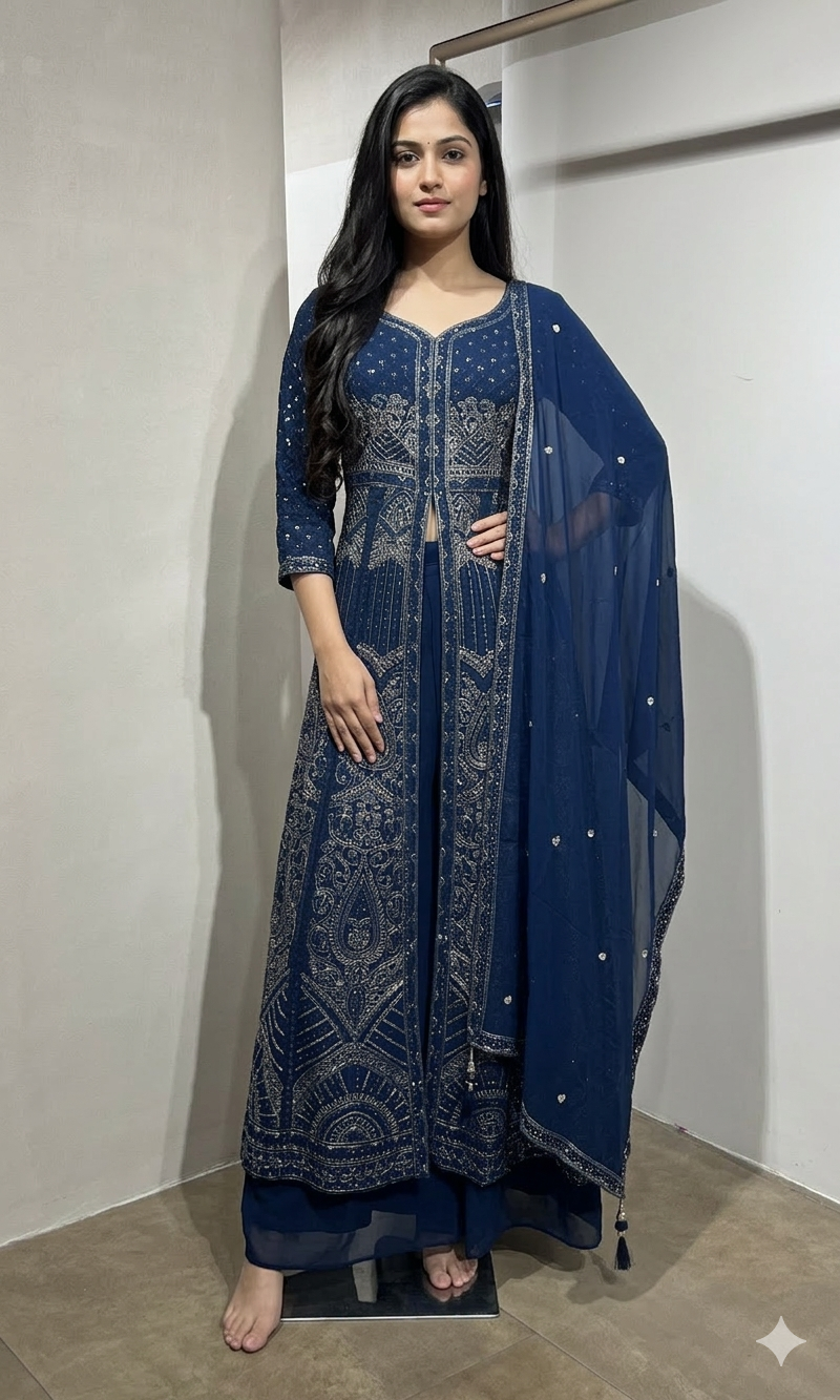 Blue FRONT SLIT ANARKALI WITH PALAZZO PANTS