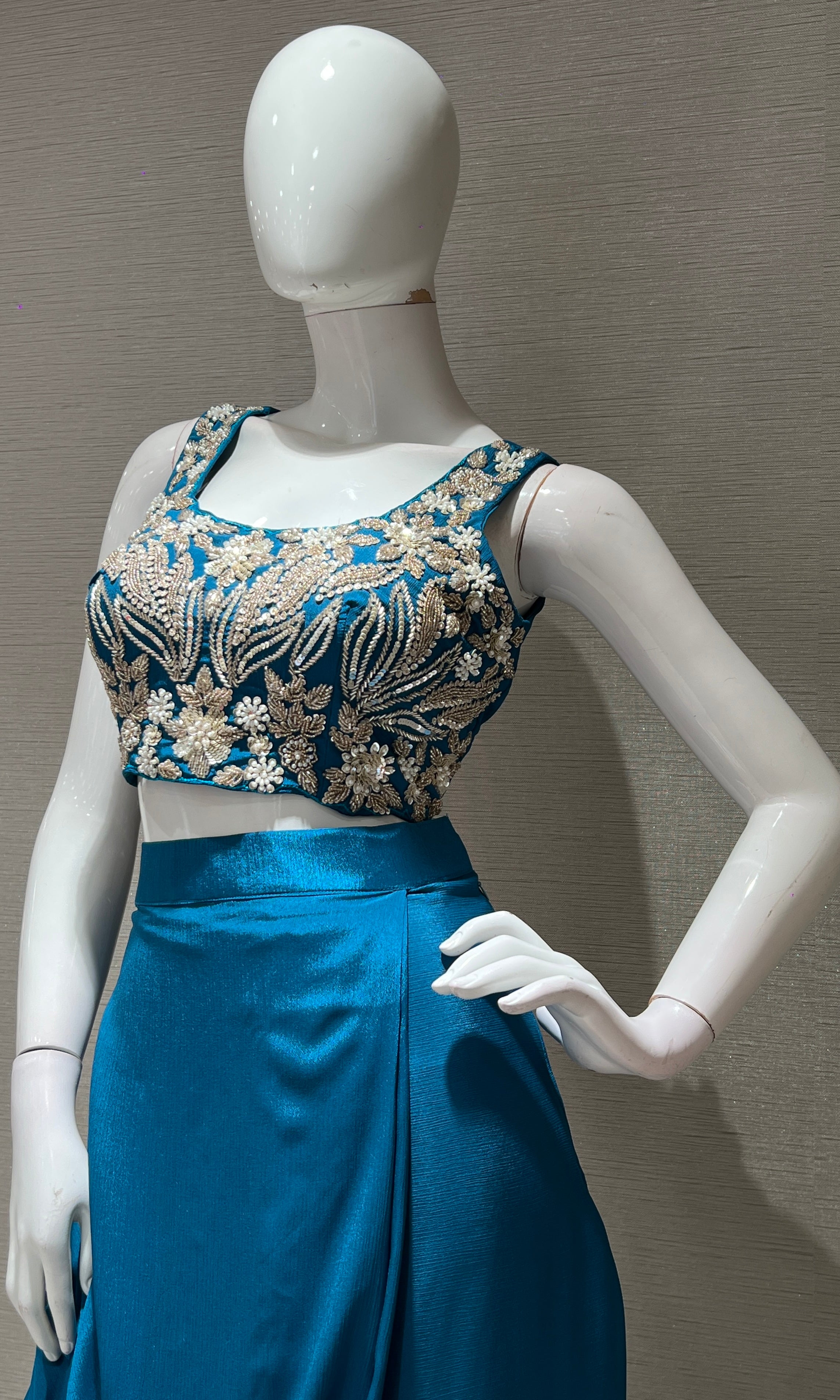 RAMA BLUE EMBROIDERED BLOUSE WITH DRAPE SKIRT