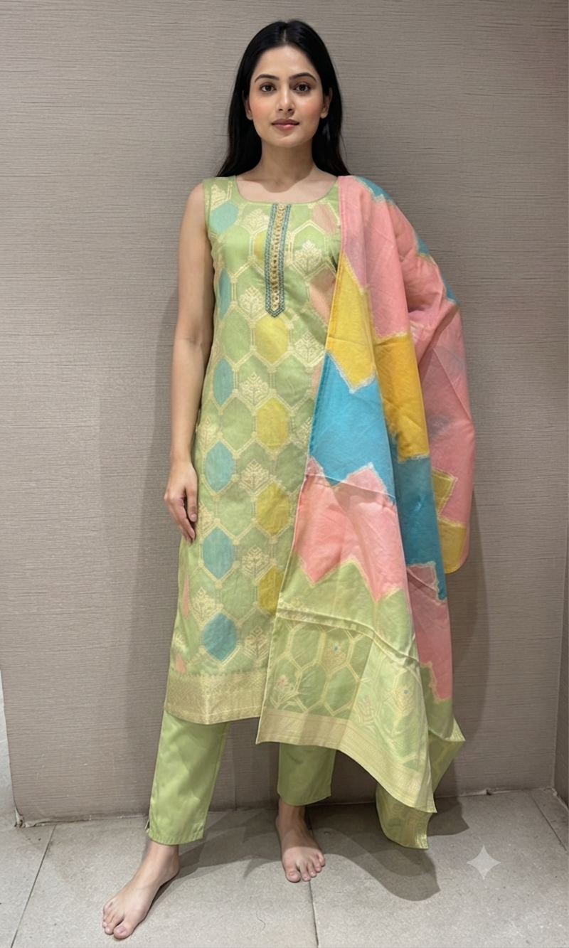 Pista Green Silk Salwar Suit with Multicolor Printed Dupatta
