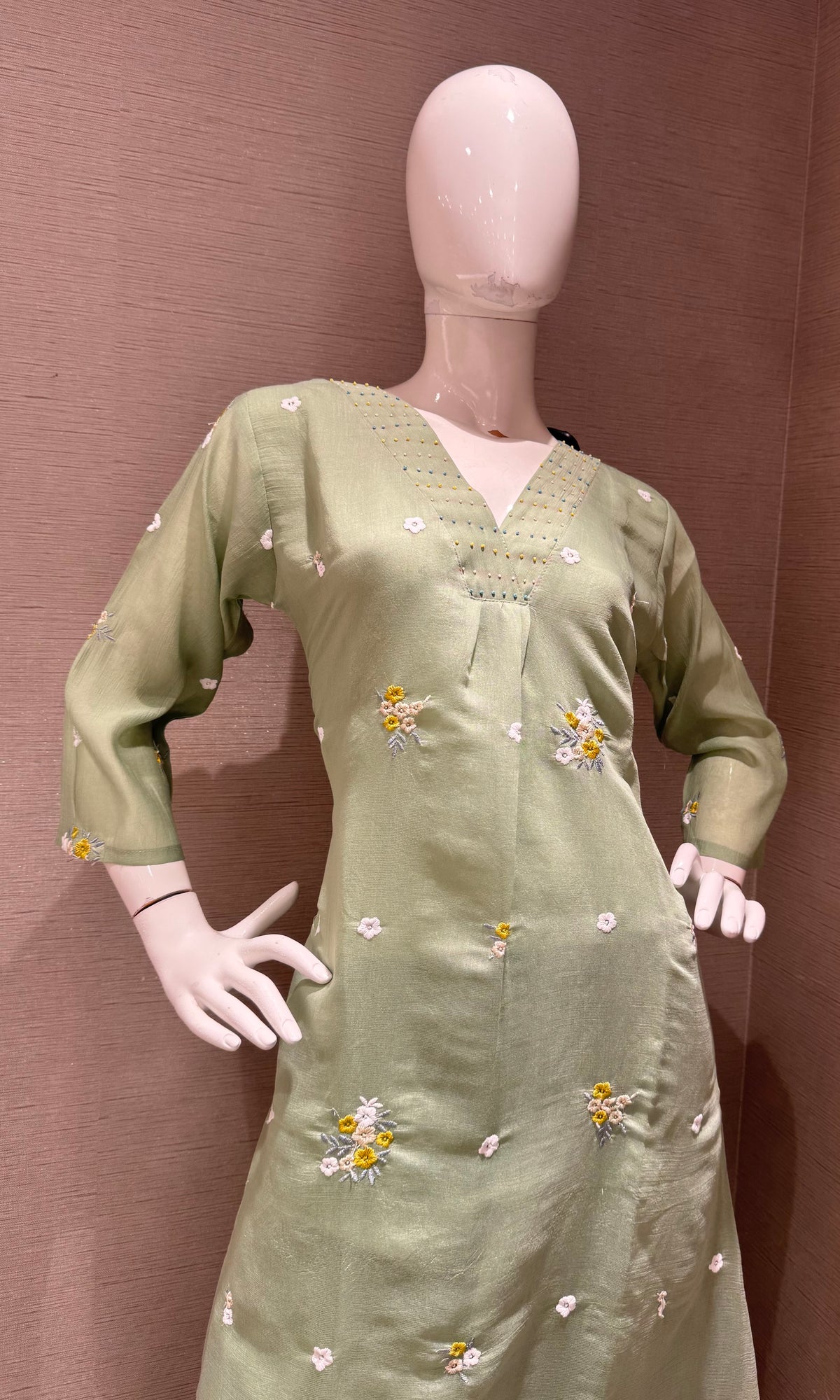 Pista Green Chanderi Kurta Set with Gold Zari Border Dupatta
