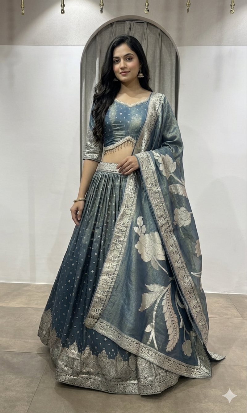 Peacock Blue Banarasi Silk Lehenga Choli