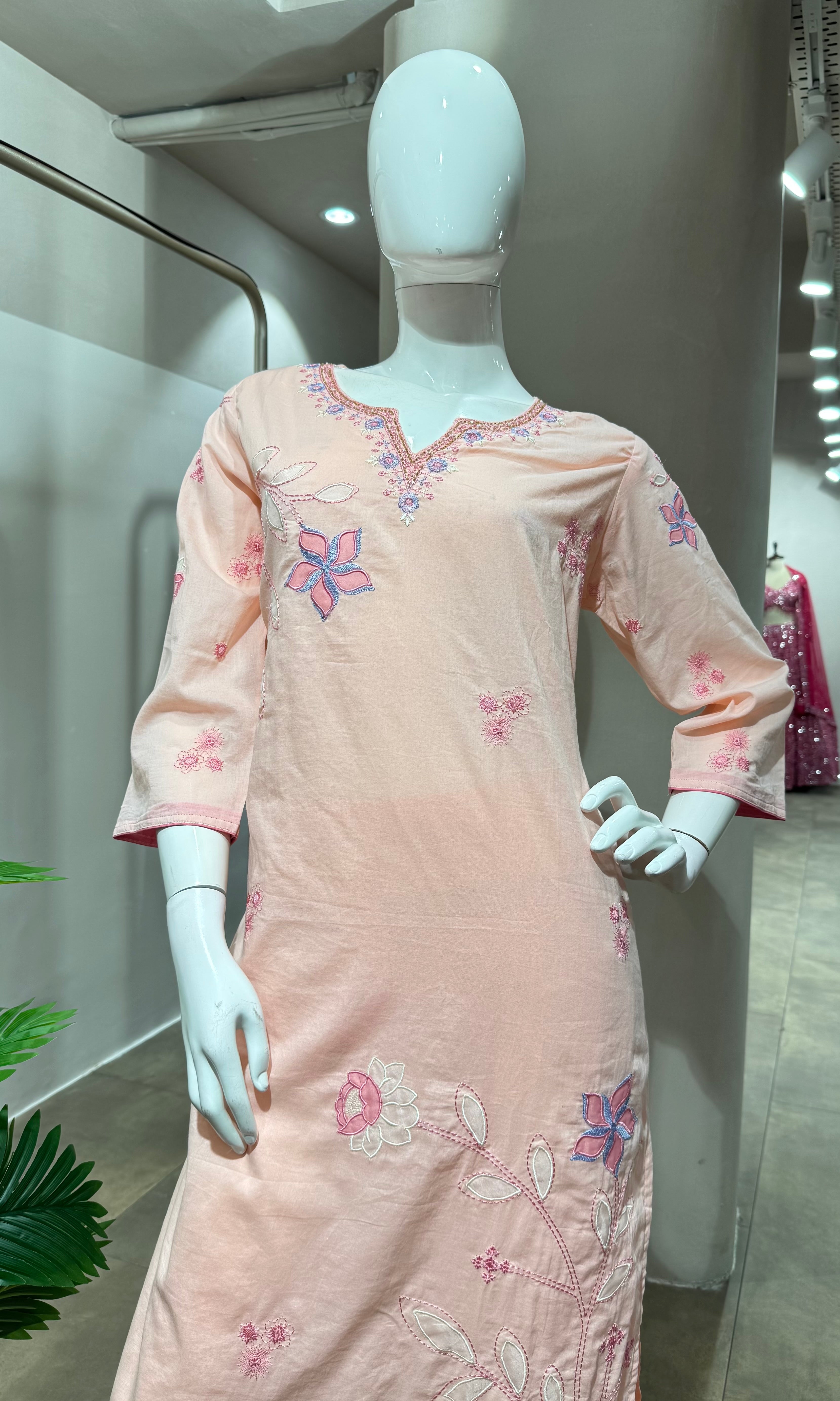 Pink FLORAL MOTIFS COTTON KURTA SET