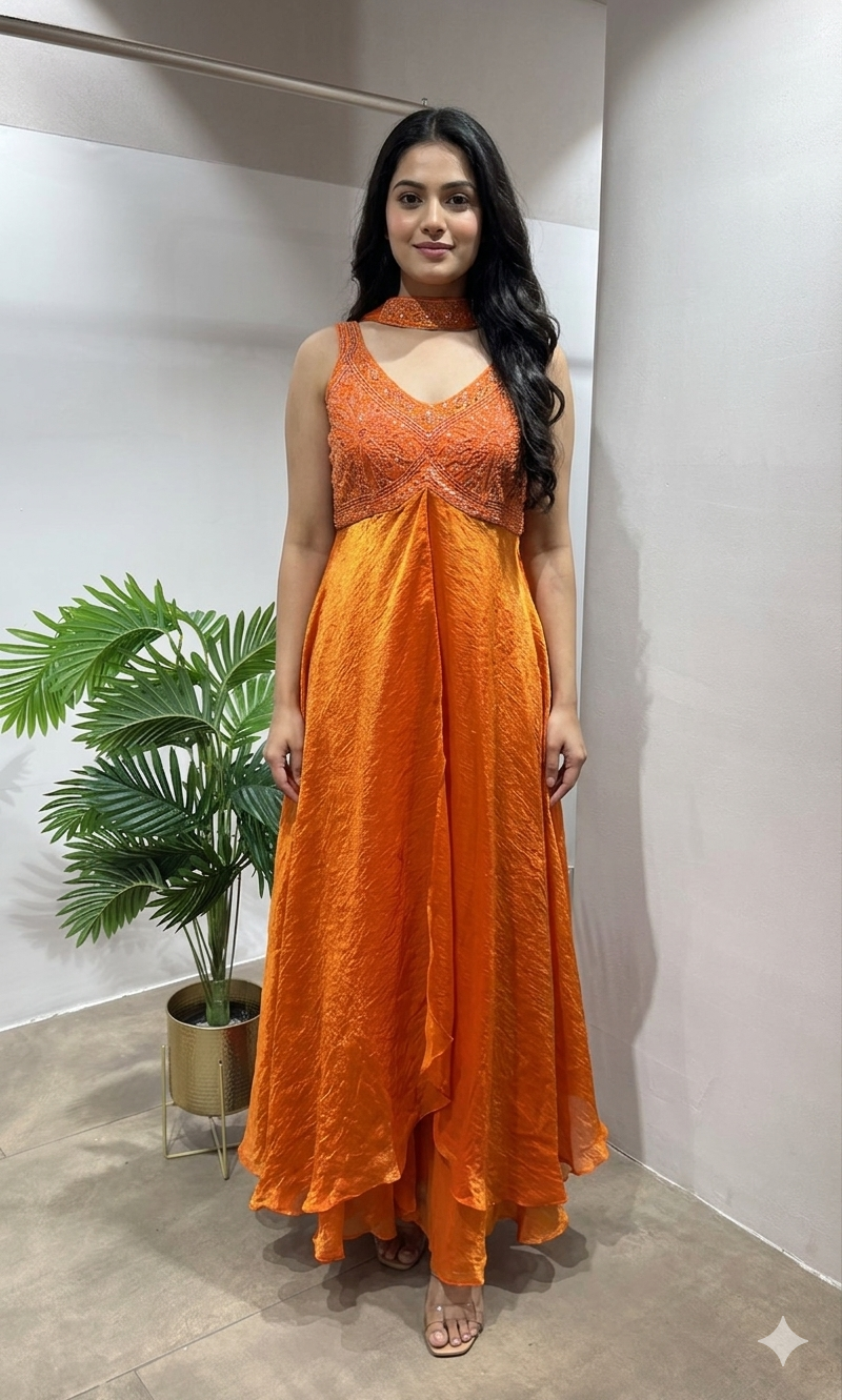 RUST Embroidered Anarkali Long Dress