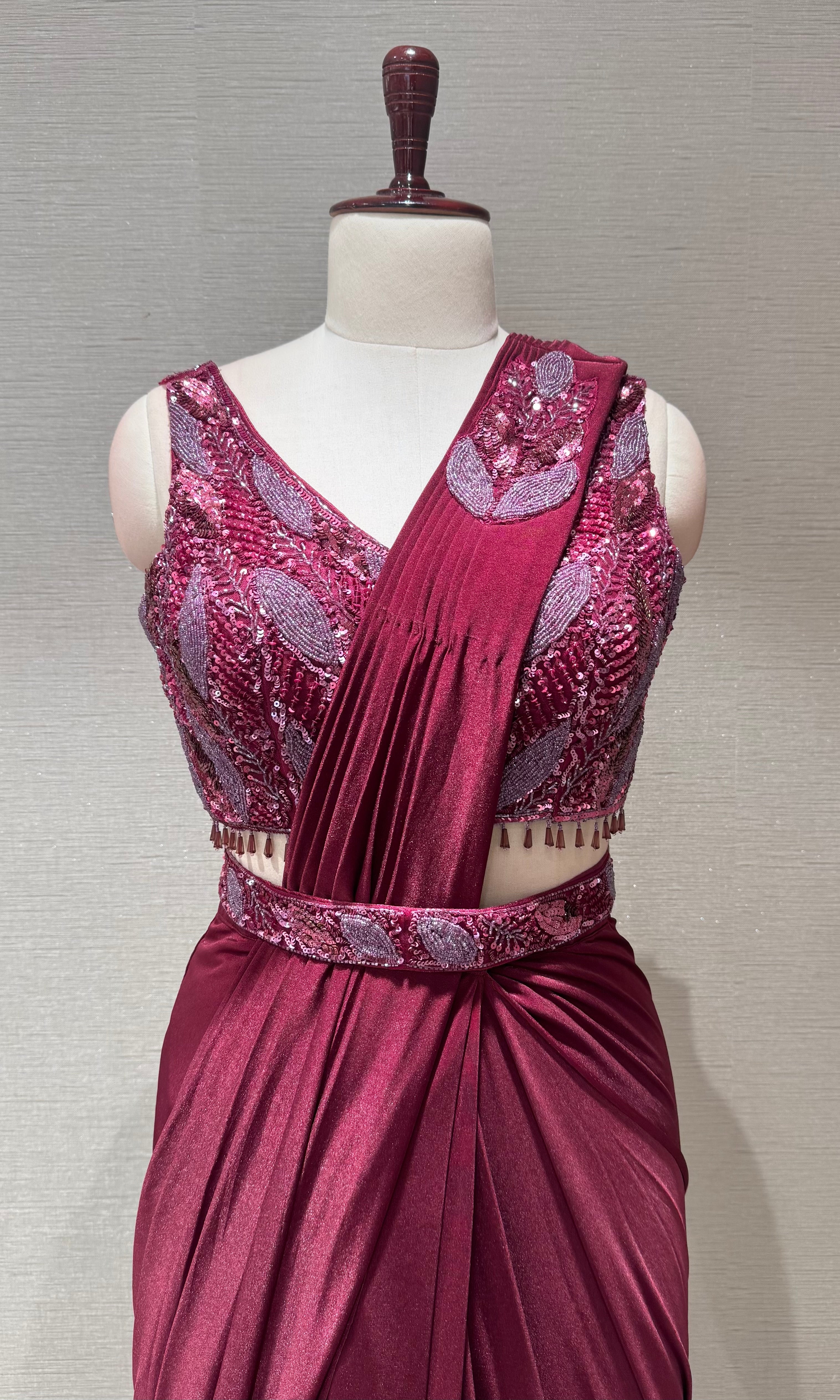 Wine Draped Saree with ethnic blouse and belt